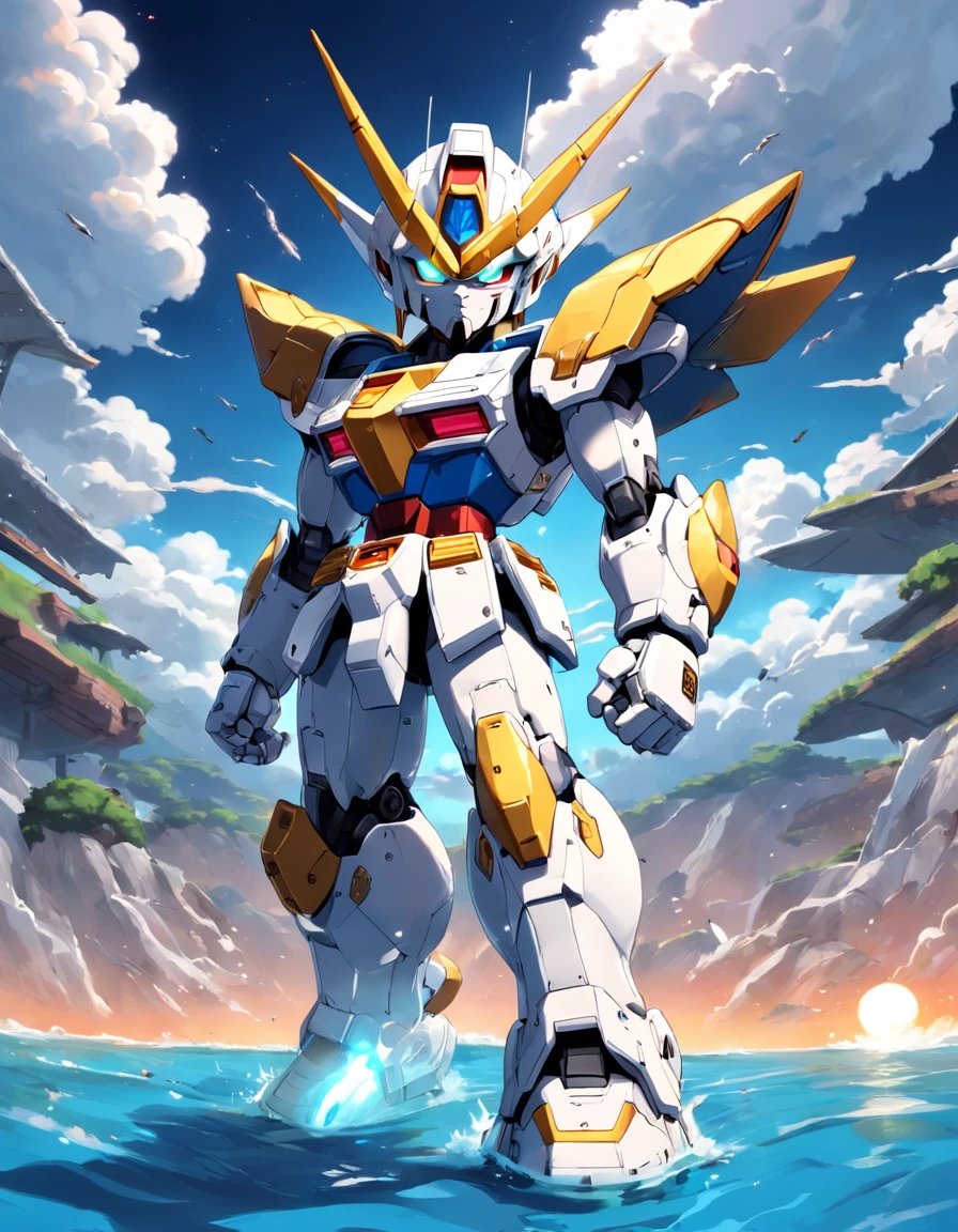 Small robot resembling SD-Gundam, pequeno na imagem sem humanos perto, mais detalhes de azul piscina na armadura olhos acesos, no campo ambiente de Dragon Ball Z, luz do dia, sky with white clouds, em efeito de pixels parecendo foto de um jogo de Super Nintendo.