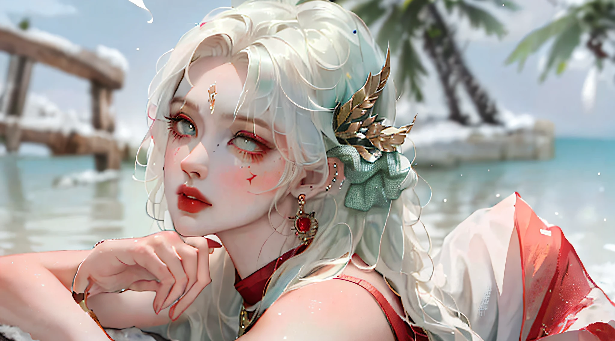 Masterpiece:1.2, Best quality), Realistic, (Real picture, Intricate details, Depth of field), (1girll, Solo), red eye make up, parted lip, highly detailed, Perfect face,
(Huge breasts:1.4), (skin indentation), Thick thighs, Wide hips, Small waist, Tall, glossy coral lips,
red hair, Red eyes, pony tails,
(A serene fair-skinned kunoichi with snow white hair, piercing green eyes, and captivating red eye makeup, calmly seated on the lush green grass, sporting fatigued baggy eyes and defined muscular physique.
), (full of sweat:1.2), (Wet), Sexy, Blushing,