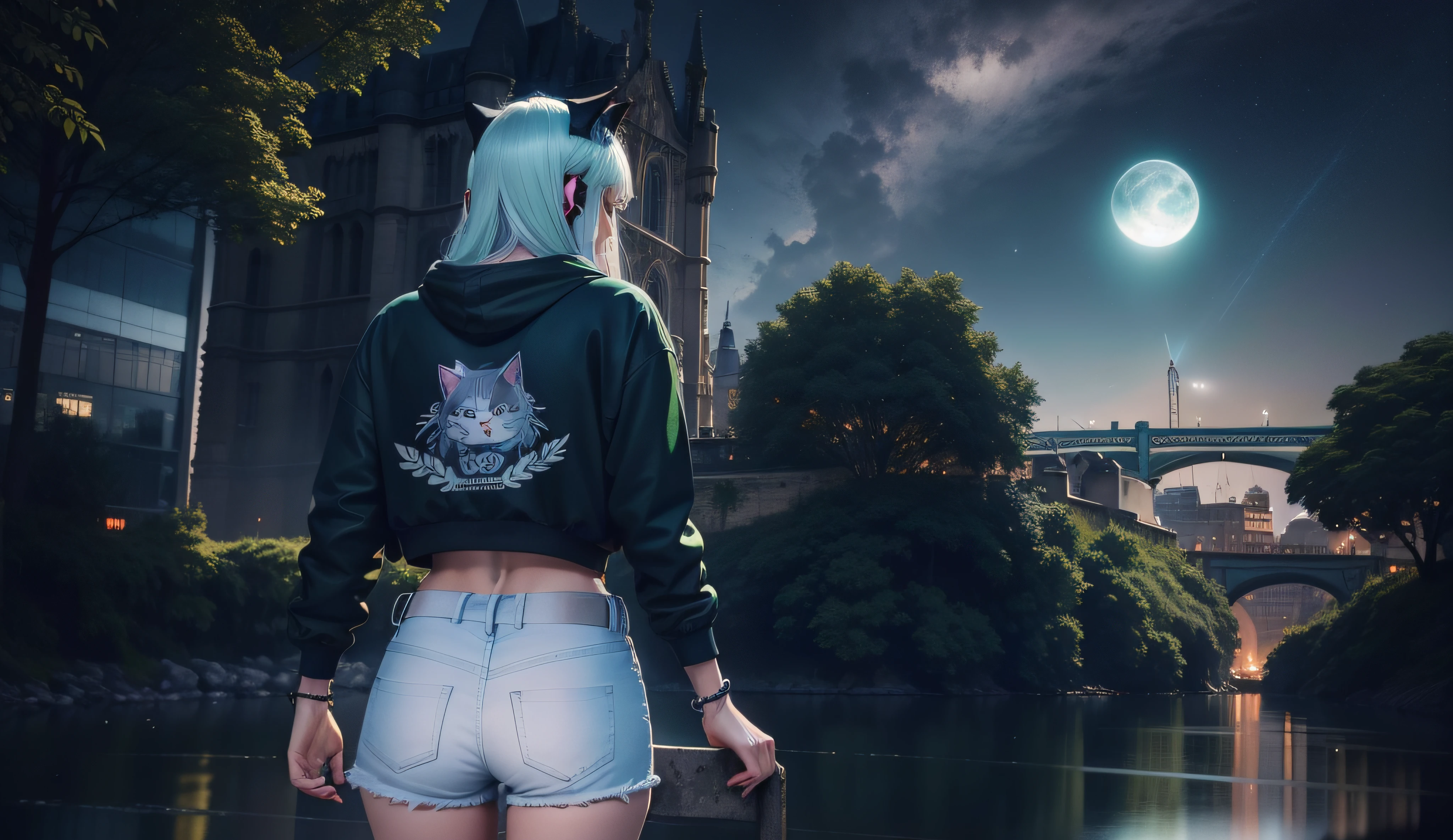 Girl with cat's head and cat's ears, wearing a cropped cotton sweatshirt and white jean shorts, In front of a river at the back of London Castle, uma lua cheia linda ao fundo, Cideral space, estrelas, cena linda, 8k, detailed hands, atmosfera maravilhosa, bokeh, specular, desfoque de camera, londres cyber punk neon verde e amarelo