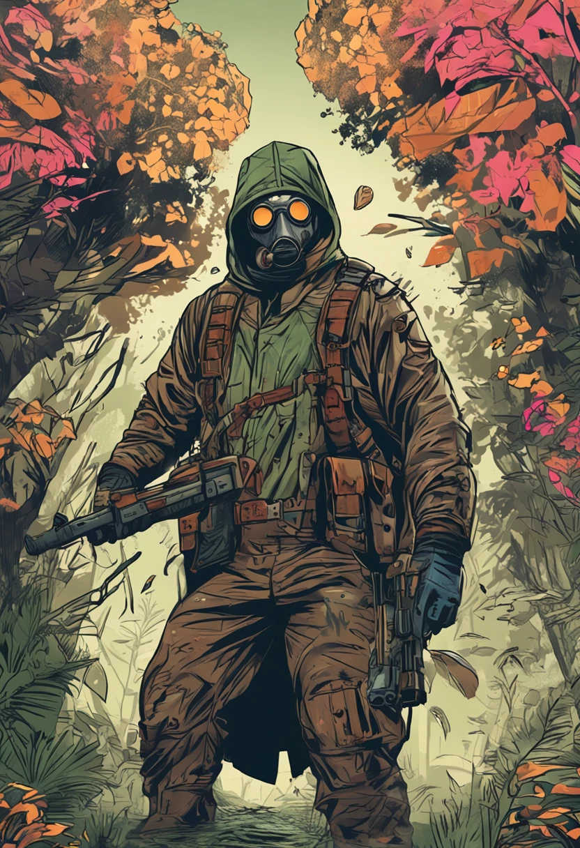 Imagine a mysterious mercenary with a detailed mask, lutando contra inimigos em uma floresta densa. How he uses his mask to his advantage?