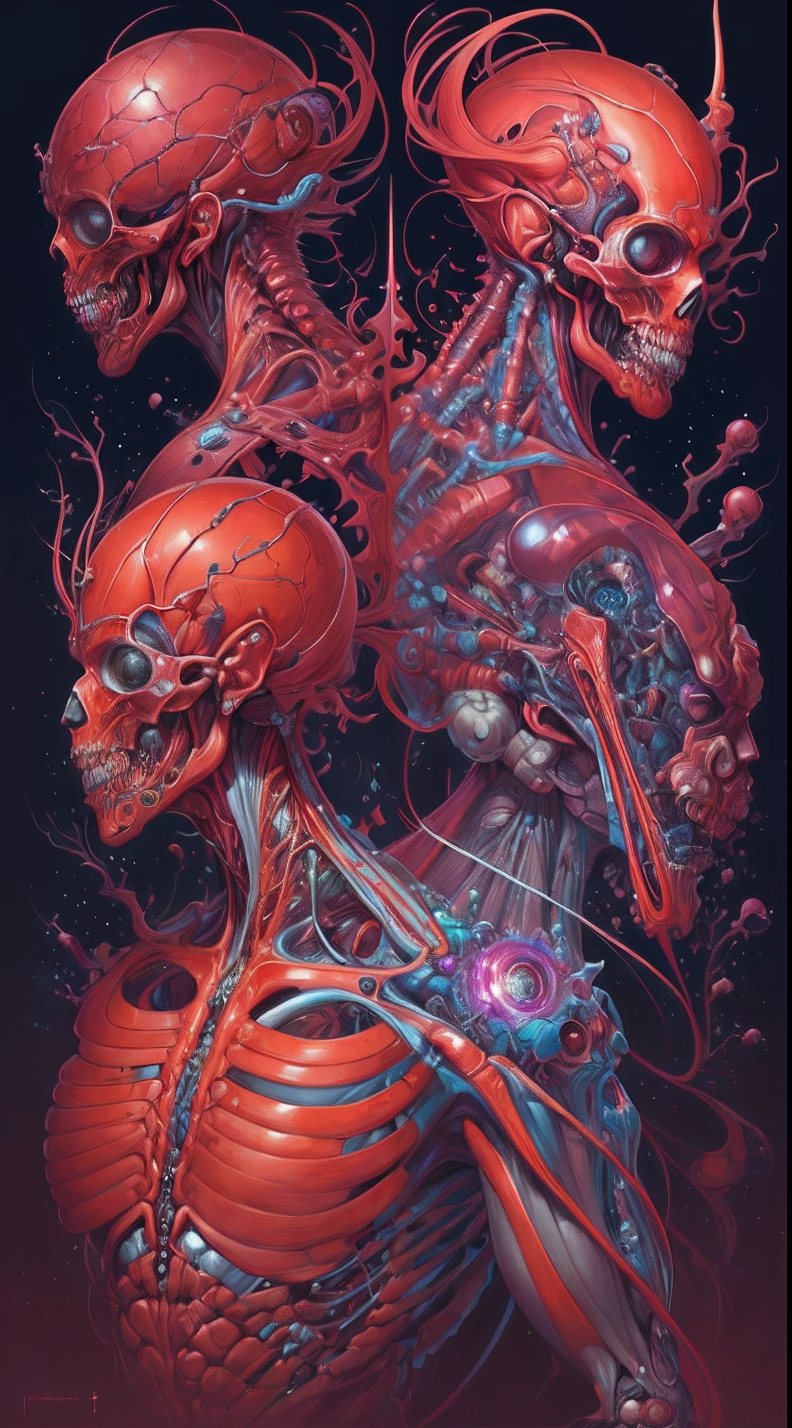 (non-human:1.3), (only skeleton:1.4), (Silver skeleton in transparent crystal case), (stands), ((symmetrical)), (detailed nervous system), neon color, bioluminescent color, vivid colors, perfect composition, hyper-realistic, ultra-detailed, high quality, RAW, RTX, SFX, UHD, UDR, 32K
