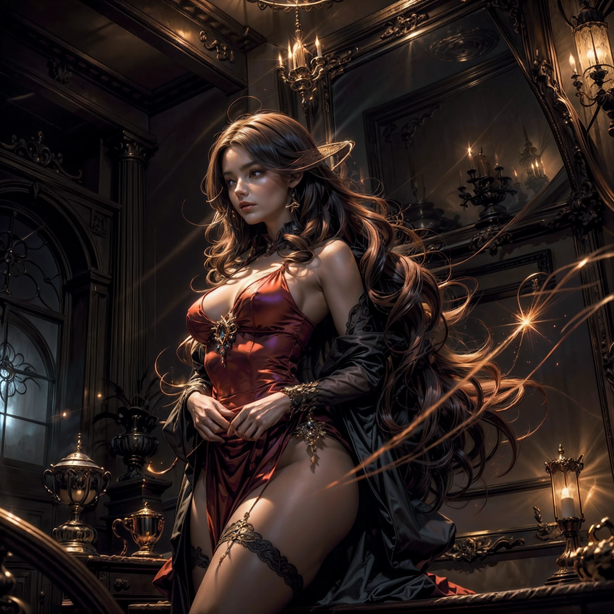 (obra maestra) (La mejor calidad) In a dark room of a strange reddish mist and golden sparks emerges a beautiful and beautiful witch of demonic appearance and great magical powers...... Your hair is being lifted upwards by a mysterious wind.
