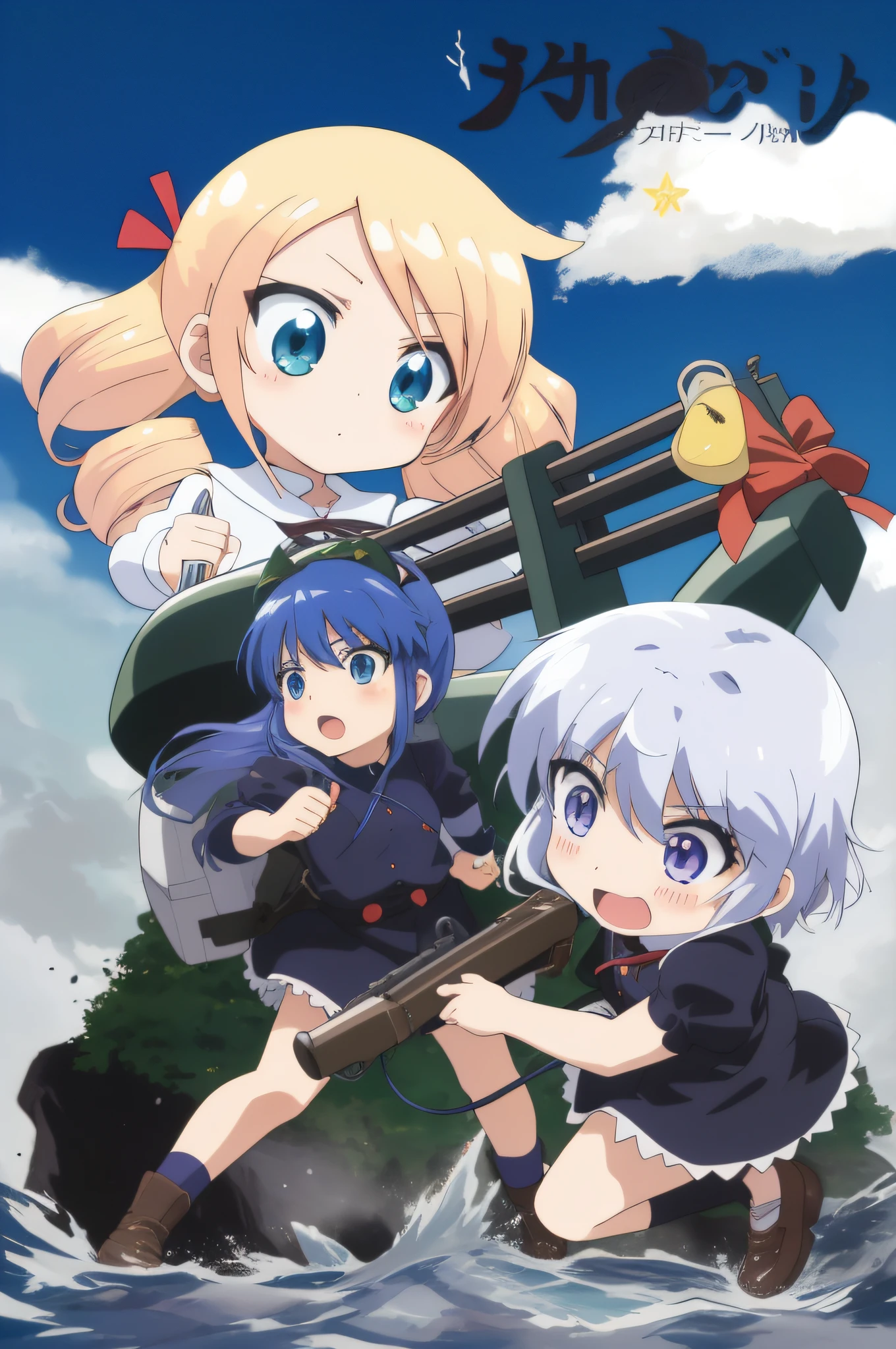 uma imagem de um grupo de personagens de anime com armas, Anime metralhadora de fogo, capa de anime, visual de anime, Fotos A-1, artilheiro de porta, jormungand anime, anime maid ss militar, Senko-san, Equipe SWAT Kawaii, Pin no anime, Estrela da Sorte, anime poster, Higurashi, arte oficial do anime, arte promocional, meninas de infantaria