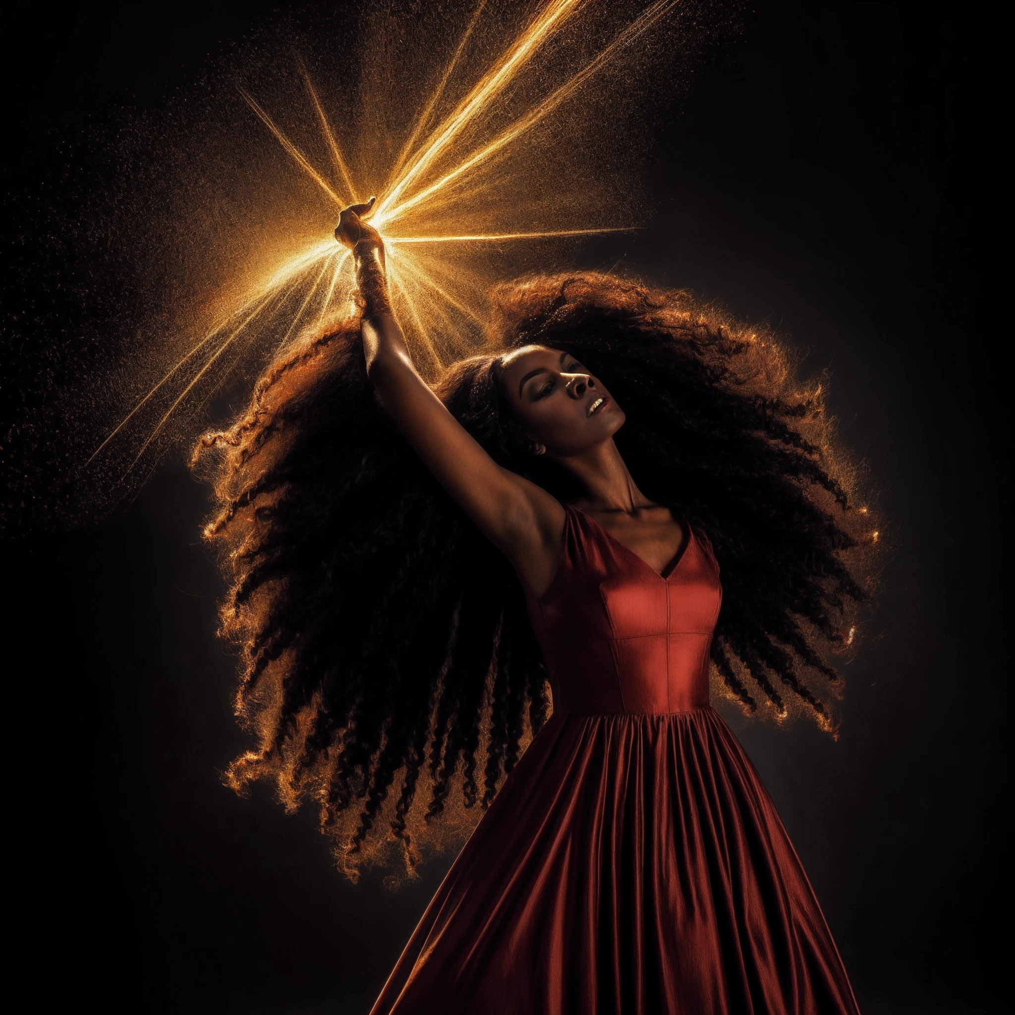 (obra maestra) (La mejor calidad) In a dark room of a strange reddish mist and golden sparks emerges a beautiful and beautiful witch of demonic appearance and great magical powers....... Your hair is being lifted upwards by a mysterious wind.