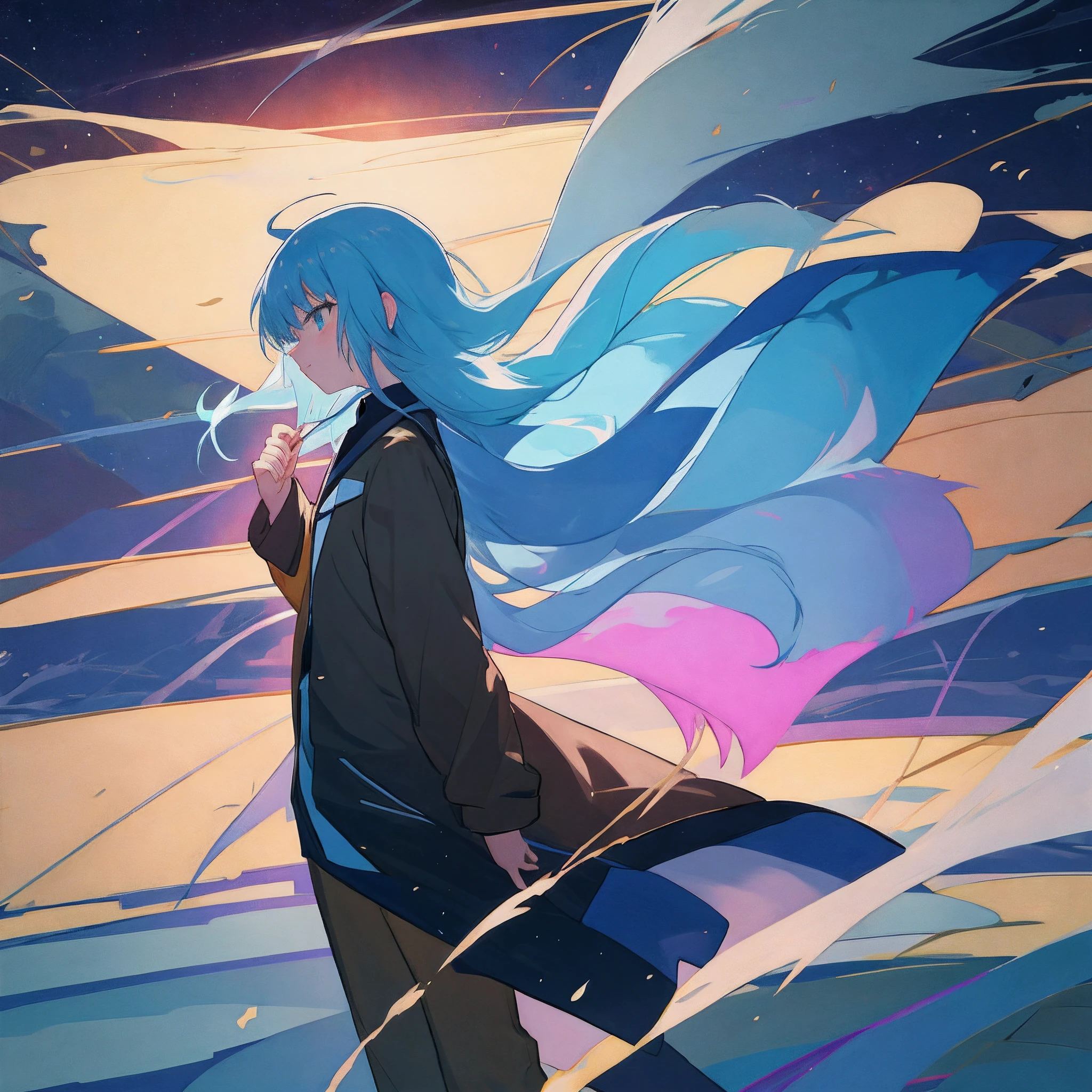A girl in a yellow coat and blue pants stands in front of a landscape, single character, visual anime de uma  bonito, anime illustration, anime moe artstyle, Iwakura Lain, hinata hyuga, retrato de corpo curto!, Fubuki, single character, como um personagem de anime, illustration, Dark blue coloring anime fantasy illustration,profundidade de campo 1：5，Artes Oficiais， Unity 8k papel de parede， super-detalhado， lindo e bonito， master part， melhor qualidade， （Dynamic angle：1.4，qualidade superior，melhor qualidade，Artes Oficiais，Beauty and Aesthetics：1.2），extremamente detalhado，Colouring，Detalhes mais altos