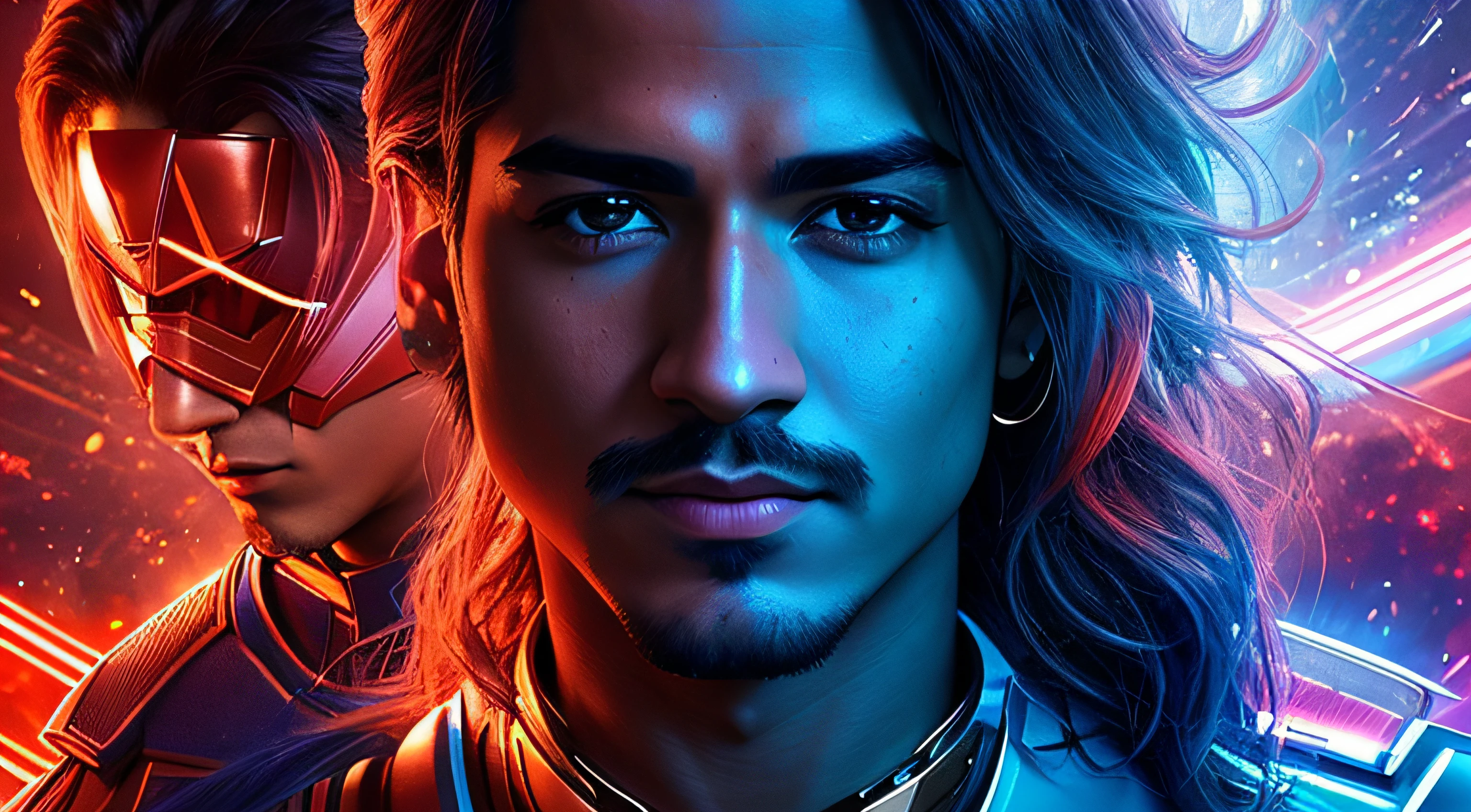 a close up of a man with a red and blue costume, fan art, hq 4k wallpaper, movie still of a cool cyborg, key art, fanart, hq artwork, highly detailed vfx portrait of, poster shot, avan jogia angel, inspired by Jorge Jacinto, high res, vibrant fan art, movie poster character, promo image, zordon from power rangers