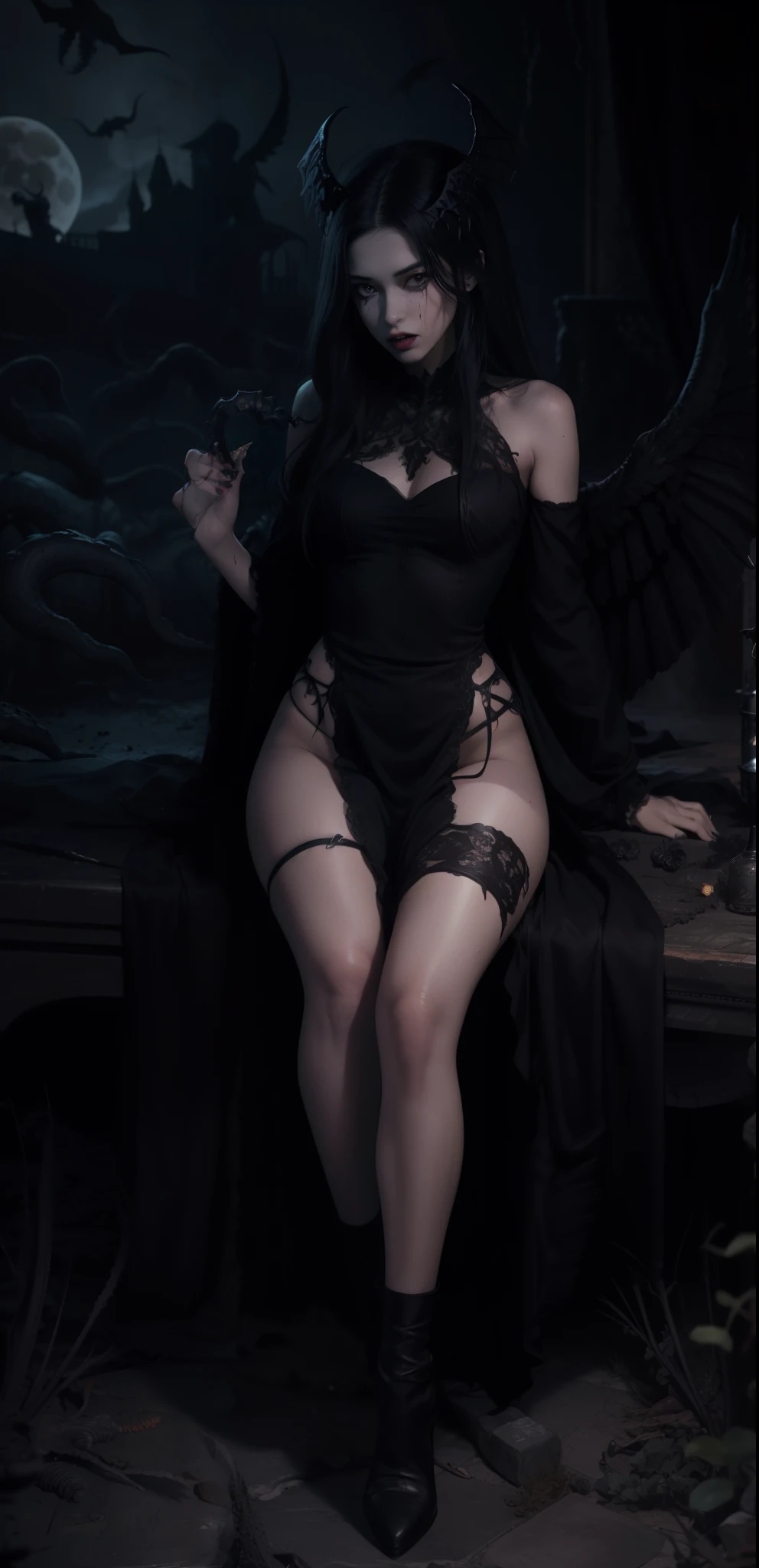 Fine matte paint,Skeleton Dark Angel, Haunted castle with large wings, Fill the drawing table with a knife,terroral,uncanny,horrid,secret terror,tentaculata,grape trees,The eye,uncanny valley effect teeth,all fours,Critters,Blood Moon,4K,high qulity,Beautuful Women,Delicate face