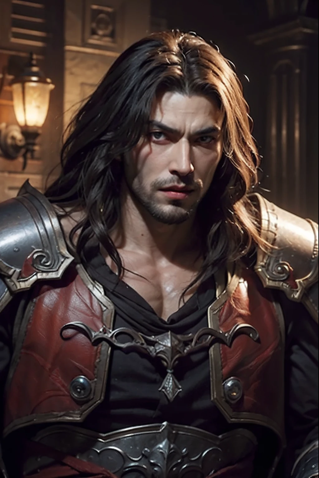 Castlevania Lord of the shadows hyper realistic super detailed muscular handsome warrior crystal glowing red eyes hyper realistic master piece