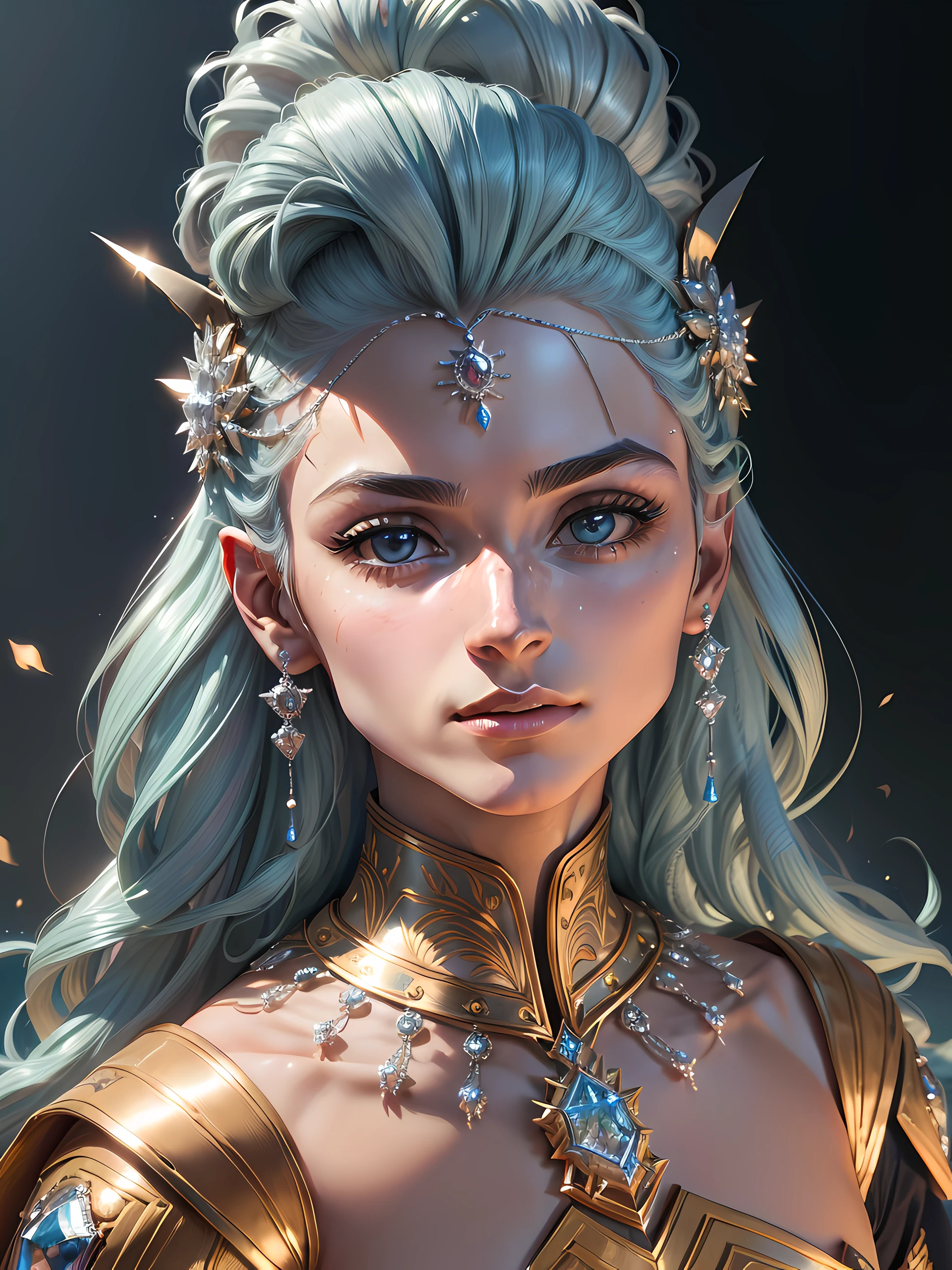 Ultra-detailed complex 3D rendering of the face, (masterpiece, top quality, octane rendering,), glamour shots full body image, very beautiful young elves, cleavage, (highly detailed skin: 1.2), (exposure: 1.1), ((blue micro bikini: 1.95)))). , 8k, (((very soft breasts)), (((conspicuous large pink areola)), beautiful Caucasian woman with white skin with full soft breasts with big buttocks, one, long braided hair, big breasts, dynamic angles, (((huge breasts: 2.4)), ultra-realistic photos, ((((((silver hair)))), futuristic urban background, facial muscles, (((((detailed and glamorous silver crown)))), In the style of Marvel Comics, ArtStation Trends, Clear Focus, Intricate Details, Very Detailed, Detailed Green Eyes, Sharp Focus, Digital Rendering, Professional, Abs, Lip Gloss, Glossy Skin, Sexy Pose, Golden Tattoo All Over Body, Silver Pattern All Over Body, Silver Lame Skin, Gold Glitter Skin, Mansuji, Buttocks, Jeweled All Over the Body, with silver scales, silver hair,