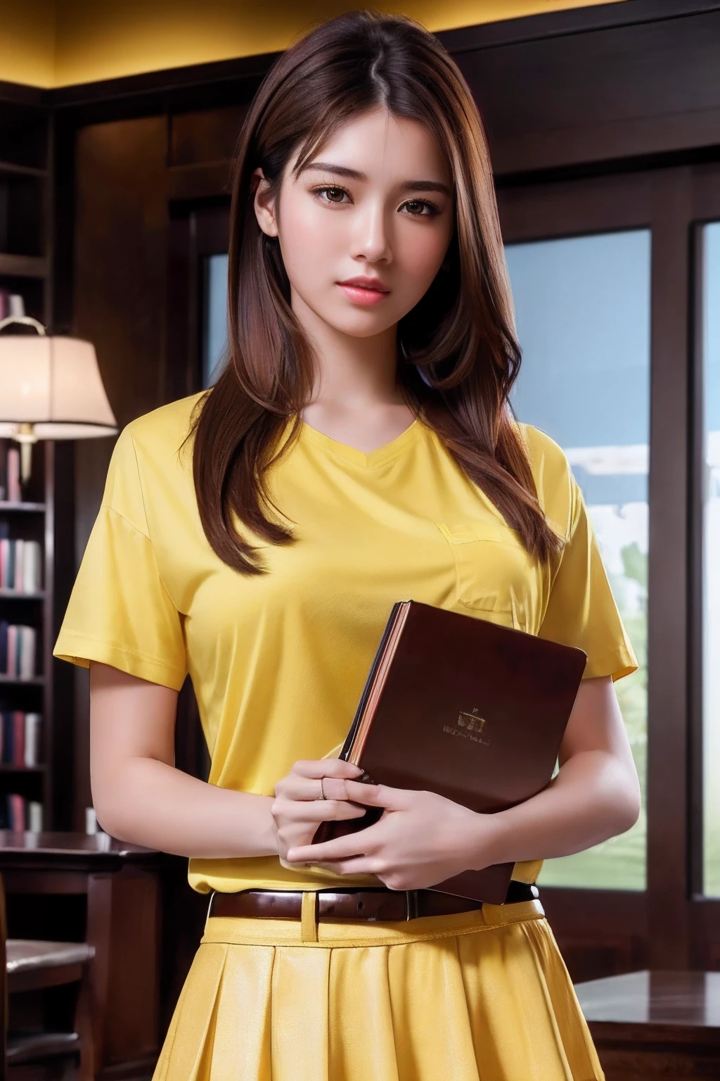 masterpiece, best quality, ultra high res, (photorealistic:1.4), beautiful lighting, RAW photo, 8k uhd, ultra detailed face, realistic lightning, beautiful girl, sweet girl, ((wearing yellow shirt and redbrown skirt)), library, long shot, shy, hiding face behind book,