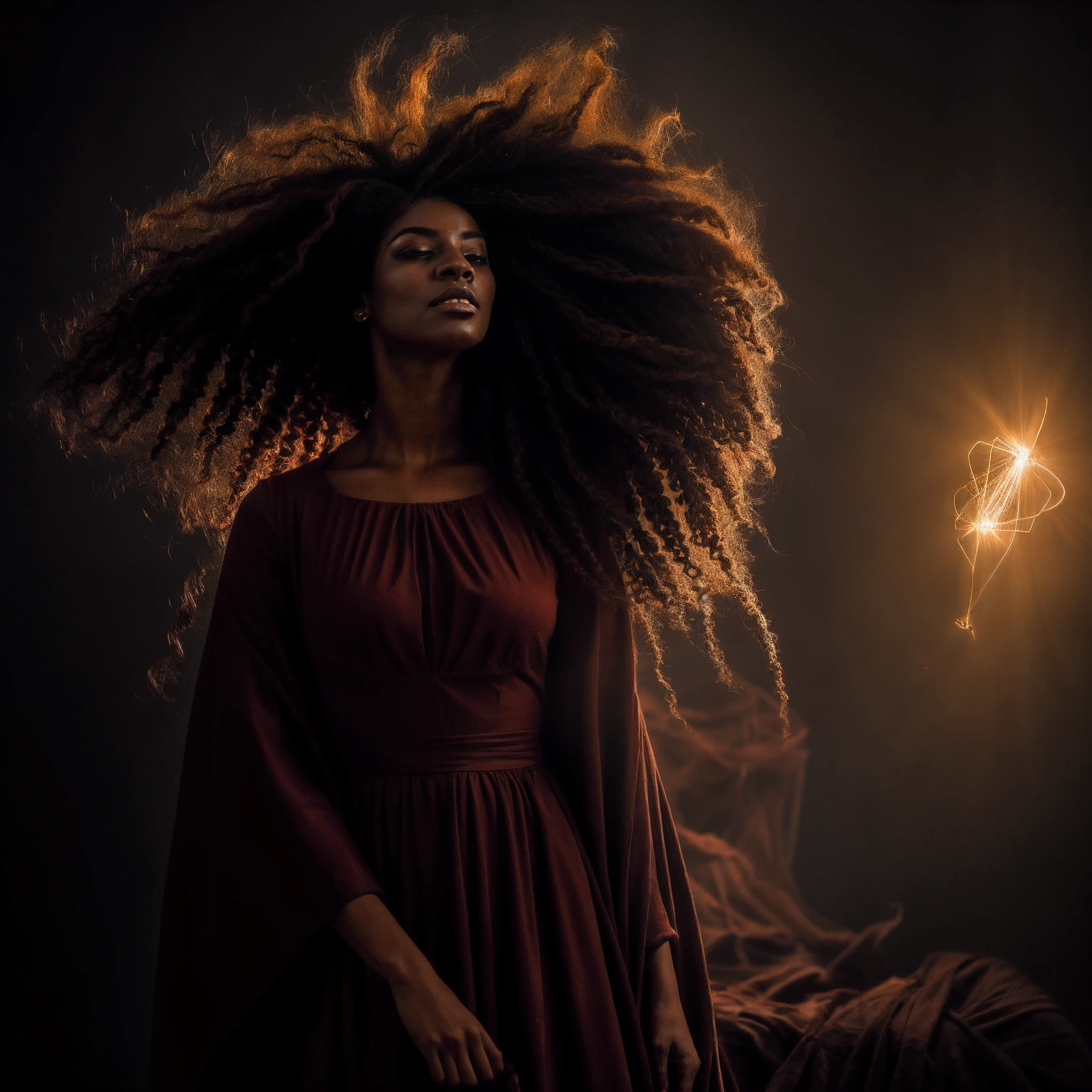 (obra maestra) (La mejor calidad) In a dark room of a strange reddish mist and golden sparks emerges a beautiful and beautiful witch of demonic appearance and great magical powers....... Your hair is being lifted upwards by a mysterious wind.