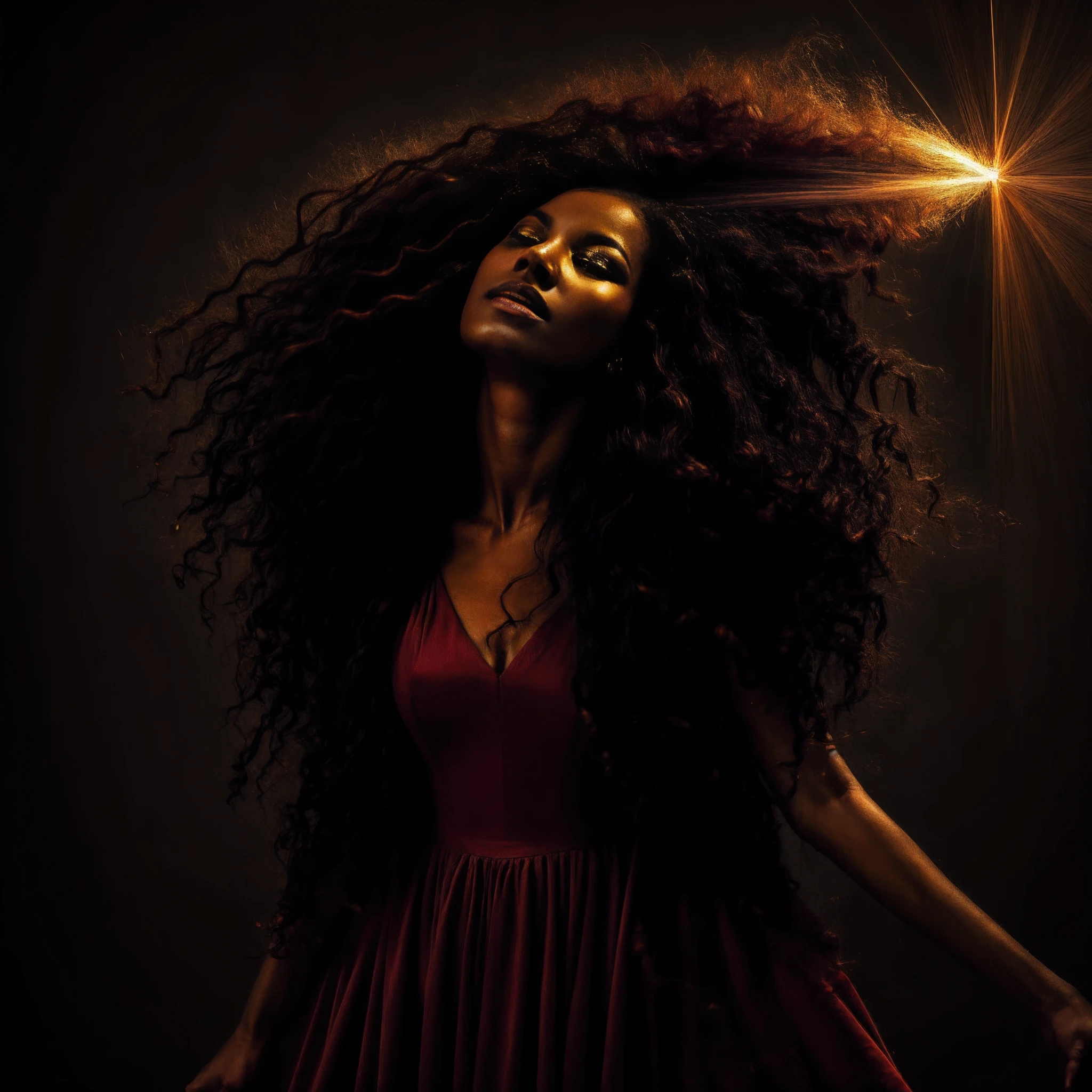 (obra maestra) (La mejor calidad) In a dark room of a strange reddish mist and golden sparks emerges a beautiful and beautiful witch of demonic appearance and great magical powers....... Your hair is being lifted upwards by a mysterious wind.