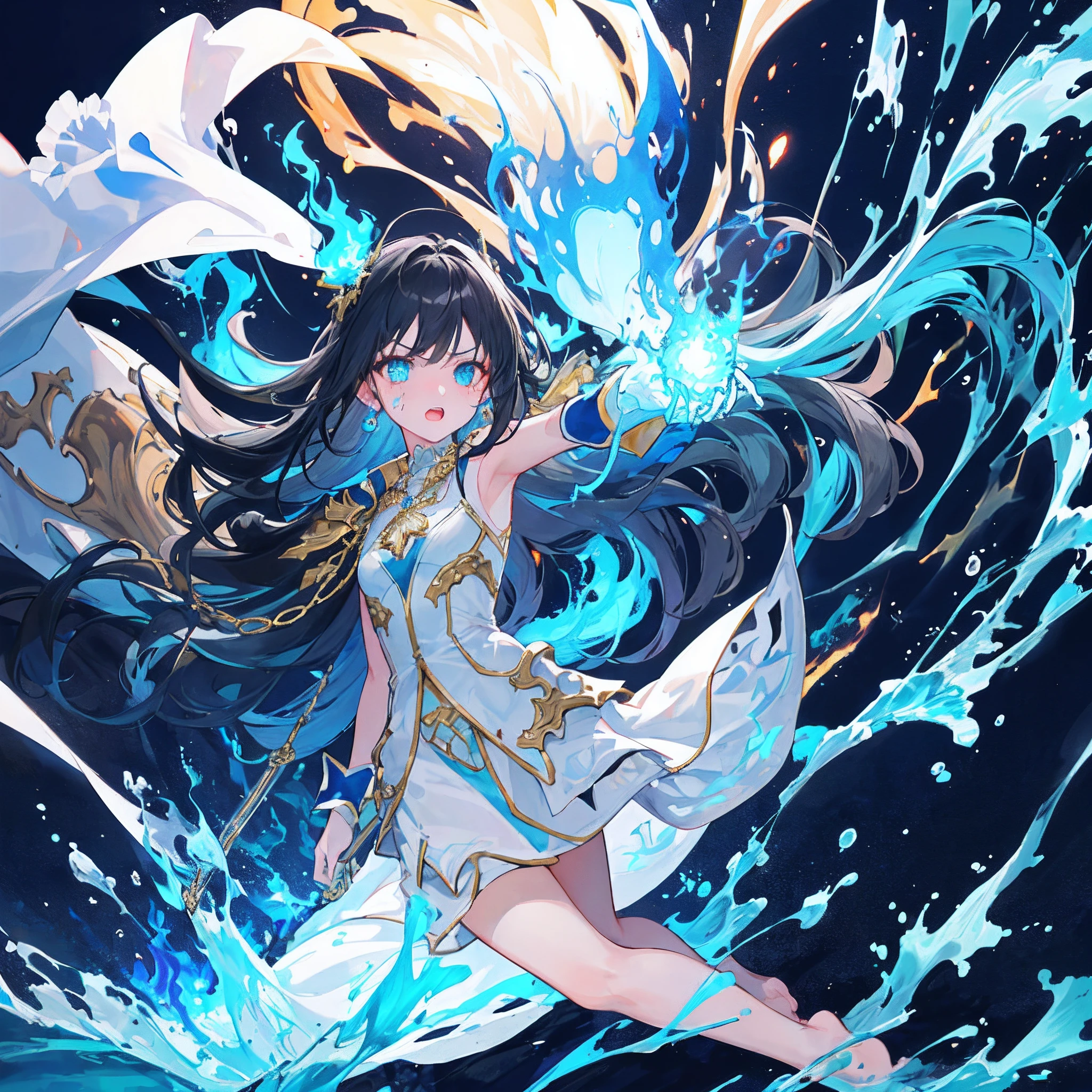 An Anime teen girl, (((White and aqua armor))), ((blue hand and feet accessories)), ((((long ish black hair with blue fire burning all over it)))), ((gold hair accessories)), blue eyes, gold ear decorations, nose, (serious), pale skin, small thigh, (((small barefeet))), cute, (((gold decorations and necklace on body ))), ((((Shooting a blue fire beam at a shadow))), ((((water near the girl)))), cinematic light, high resolution, highest quality, ultra detailed, detailed face, (detailed eyes), best quality, hyper detailed, masterpiece, ((((lots of blue energy and fire around her)))), clean face, sun shining down, (sleeveless), (((Entire background full of blue fire))), ((((At night and pure darkness))))), full-face blush, nose blush, open mouth, tears, angry