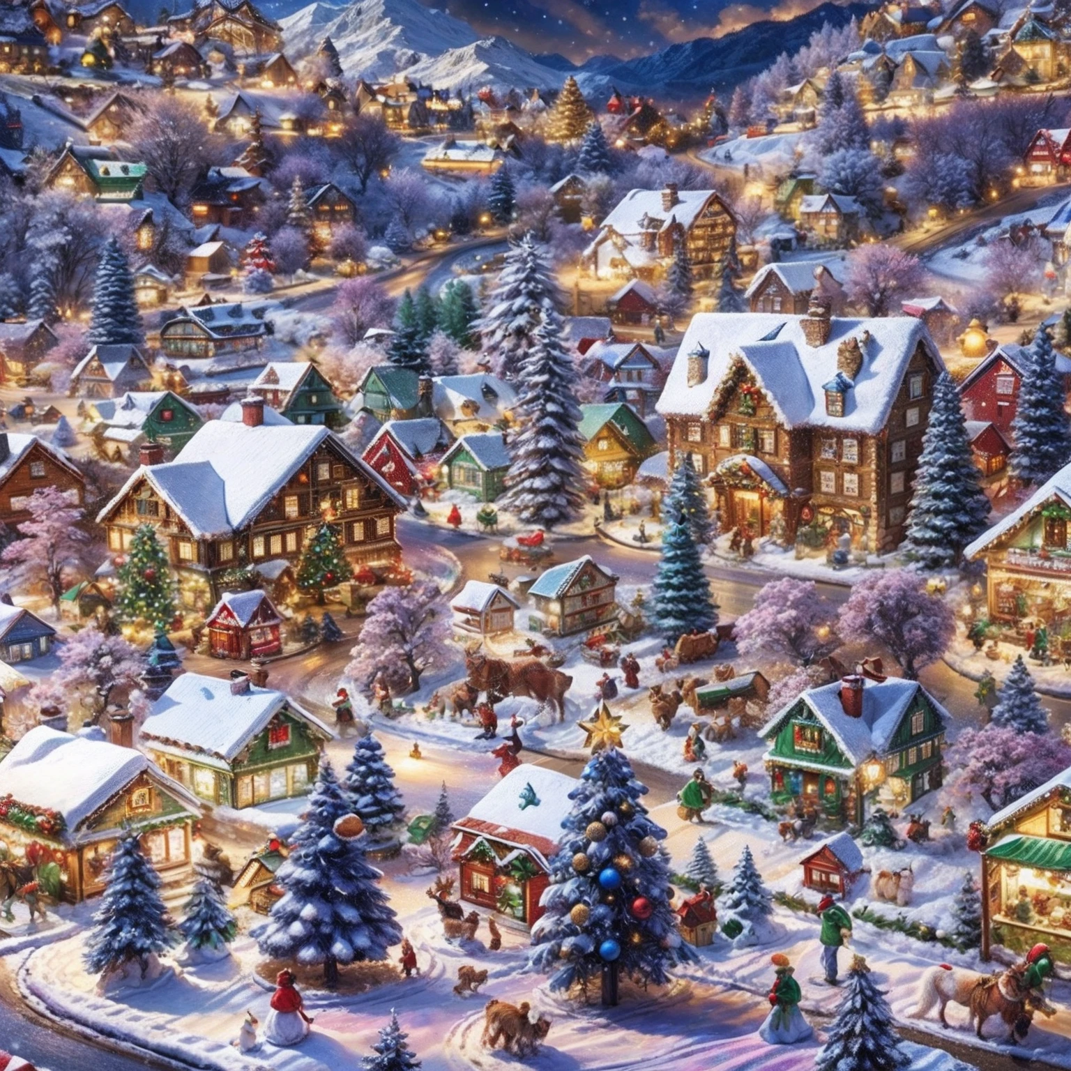 (christmas village), snowy mountains in the background, (tilt shift), (masterpiece), photorealistic, best quality, highly detailed, cinematic light