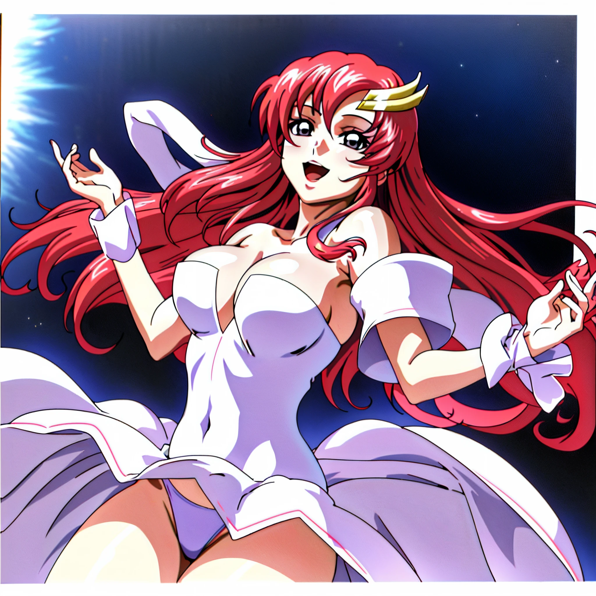 (masutepiece, 4K, Best Quality, Anime style: 1.9, bold drawing lines, High color saturation, Space background, Detailed face, tall, Adult Woman, lovely, (White background), Drawing lines, hight resolution, Anime, lacus4. White dress with pink design), 1girl in, Solo, curvy figure, Long hair, 鎖骨, scapular, Wavy Hair, Detailed wide hair bangs, thighs thighs thighs thighs, Hair Ornament, Detailed reddish-pink hair, cleavage, large hands, Big blue eyes, Off-shoulder, medium breasts, Smile, open mouth very much, very slim belly, Dancing, Very happy, bikini