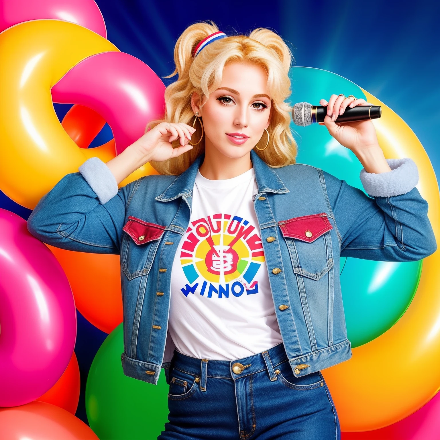 "(Mature and realistic portrayal:1.2) Sailor Moon exuding confidence as she holds a microphone, her blonde hair cascading down, adorned in stylish rainbow denim clothes from the 2000s, with a backdrop filled with donuts."