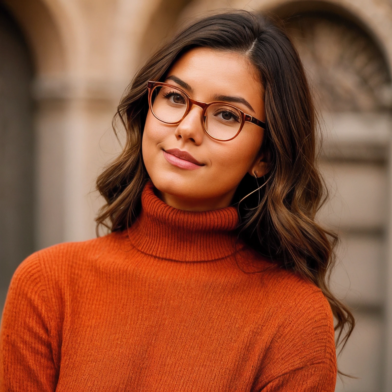 Um closeup da modelo nicola cavanis, (sozinho) (1girl), foco facial, Curvy Instagram template, lindo rosto bonito, Serious expression, pele realista, thick rimmed-glasses, orange turtleneck, corte de cabelo black bob, graveyard, ultra detalhado, high resolution, master part, best quality, Antecedentes detalhados