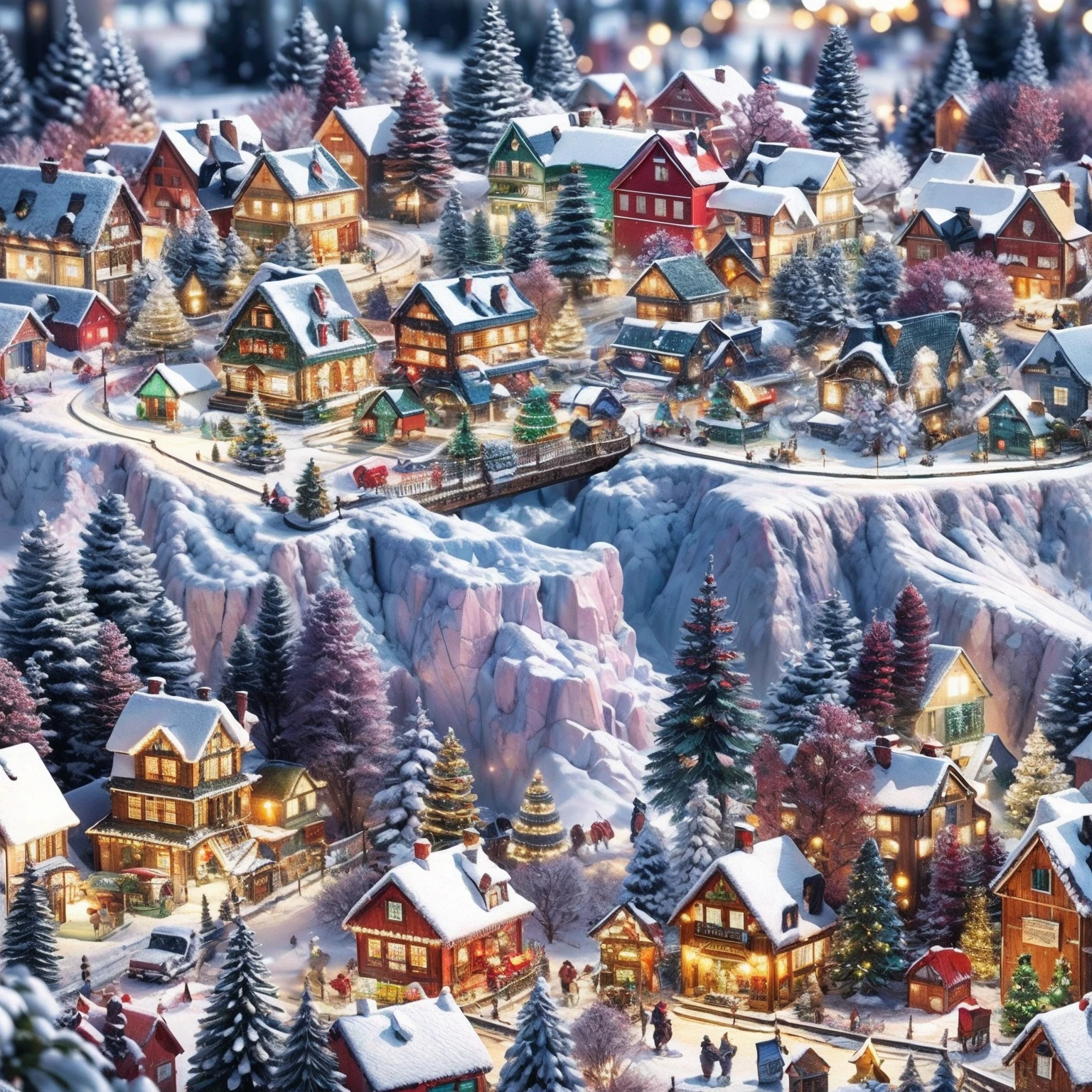 (christmas village), snowy mountains in the background, (tilt shift), (masterpiece), photorealistic, best quality, highly detailed, cinematic light