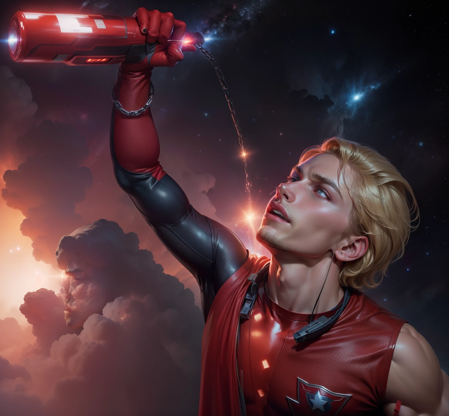 Wears all-over red clothing,Superheroes in capes and capes, 《The greatest American hero》Superheroes from TV shows, Young,blond,Whole body strength, Handsome, Super strong, promo image, Save lives again.Turn things around, art sussman, promotional still, hero action pose, Fly into space,Space starry sky background,The colors are naturally soft
