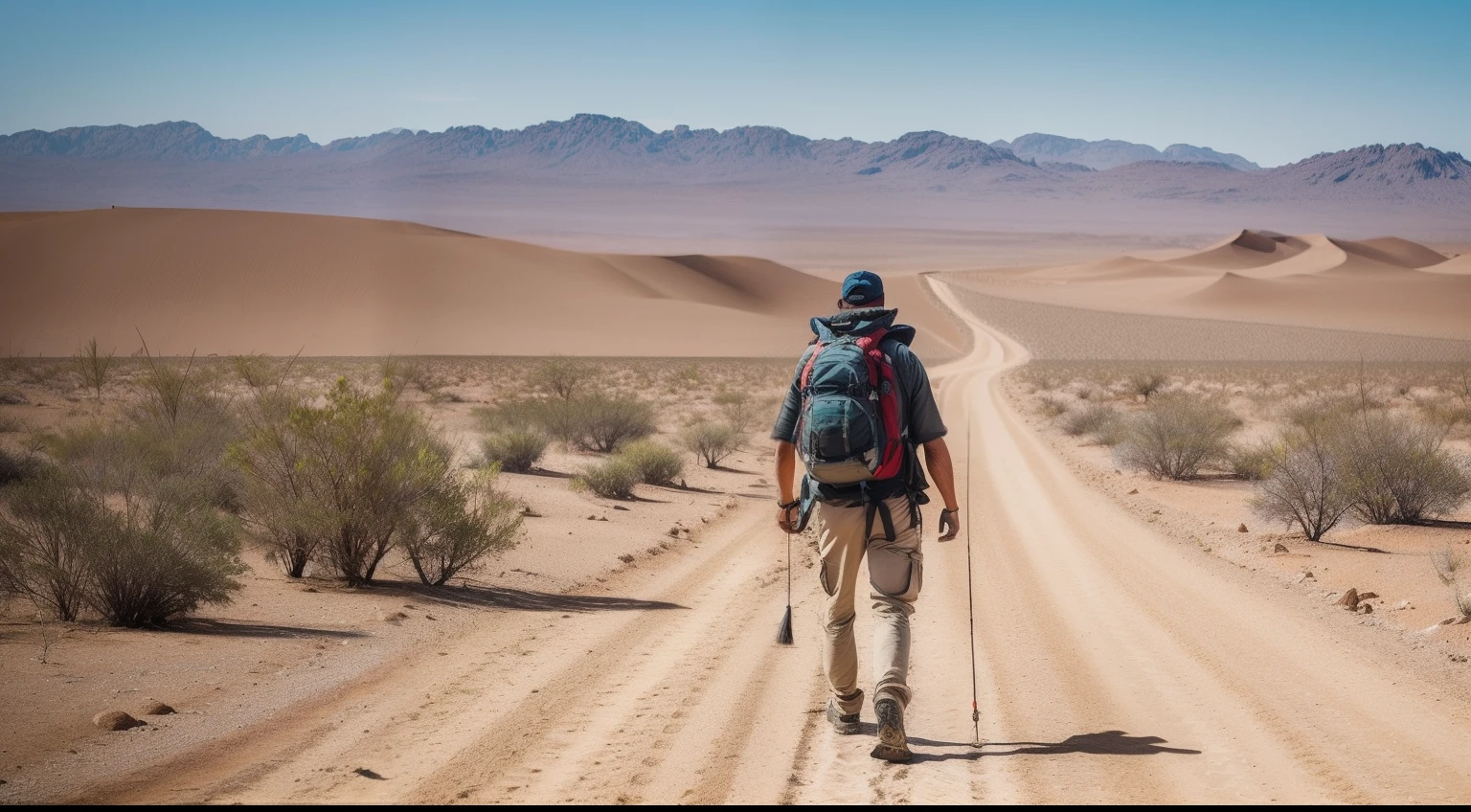 An image of someone walking resolutely through different terrains (deserto, floresta, montanhas) with a backpack or compass, indicando sua jornada persistente guiada por seus sonhos.