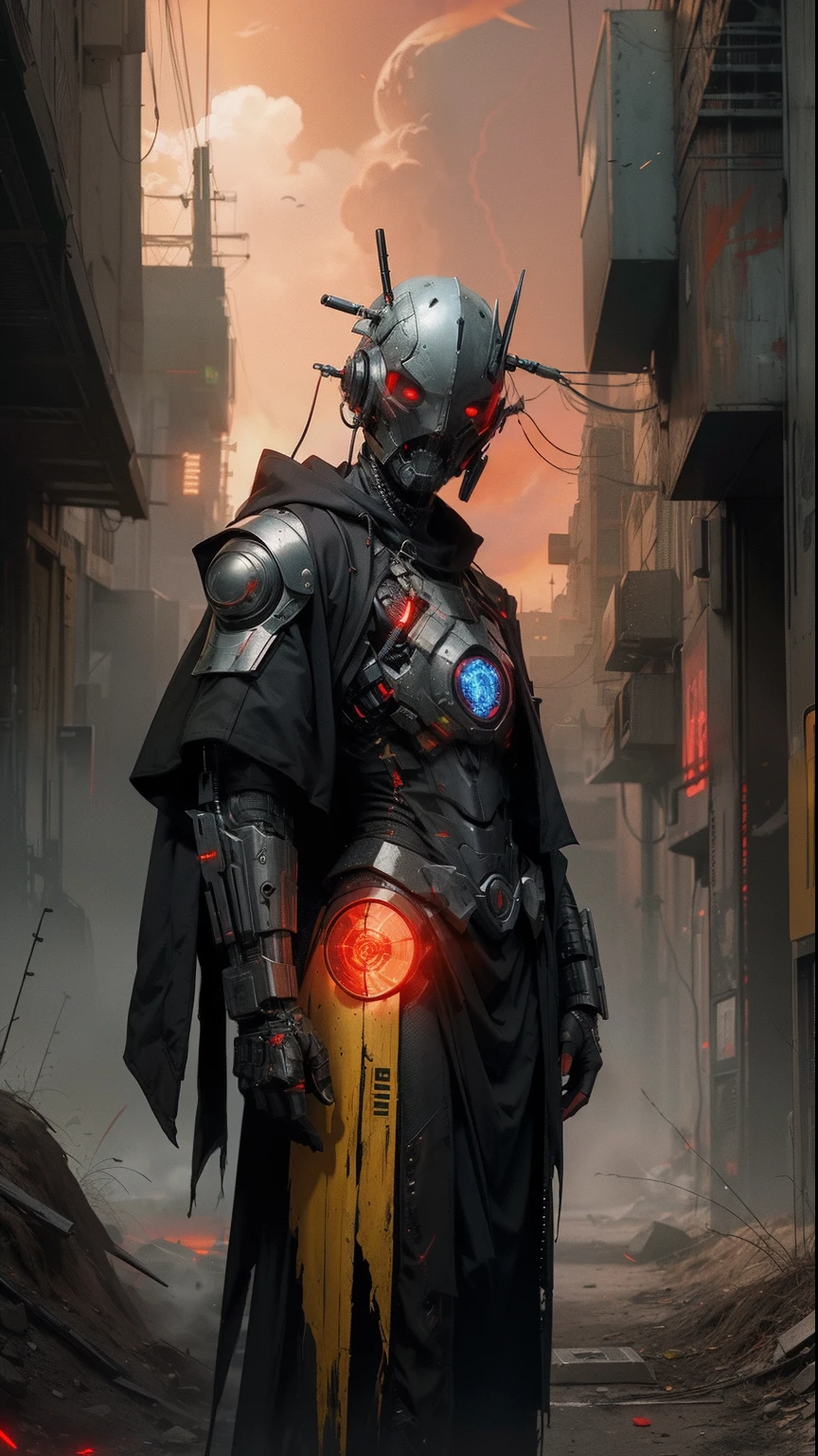 derpd, lethal cyborg assassin wearing robes armor, danger, red-yellow sky,p ost apocalyptic art, neon horror, sci-fi, glitchcore