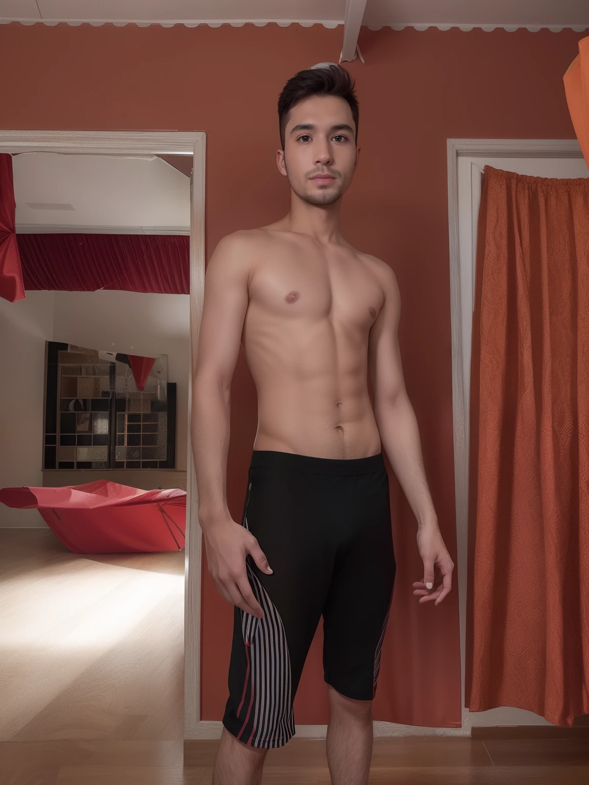 there is a man standing in a room with a red umbrella, full extremely slim body, full body picture, thin young male, complete body view, 4 0 years old man, 2 4 - year - old man, around 1 , 2 2 years old in camera, thin aged 2 5, 2 3 years old, 2 7 years