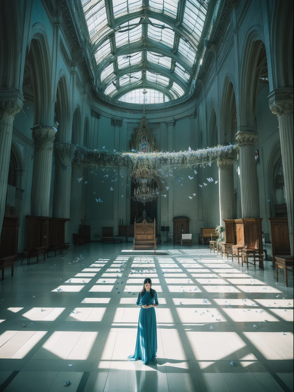Alone in the church,Stand in a flock of butterflies,symetrical composition,Huge floor-to-ceiling windows,brightly,Many blue butterflies,Many small butterflies,Flocks of butterflies fly,Photographic works,orthofacial,