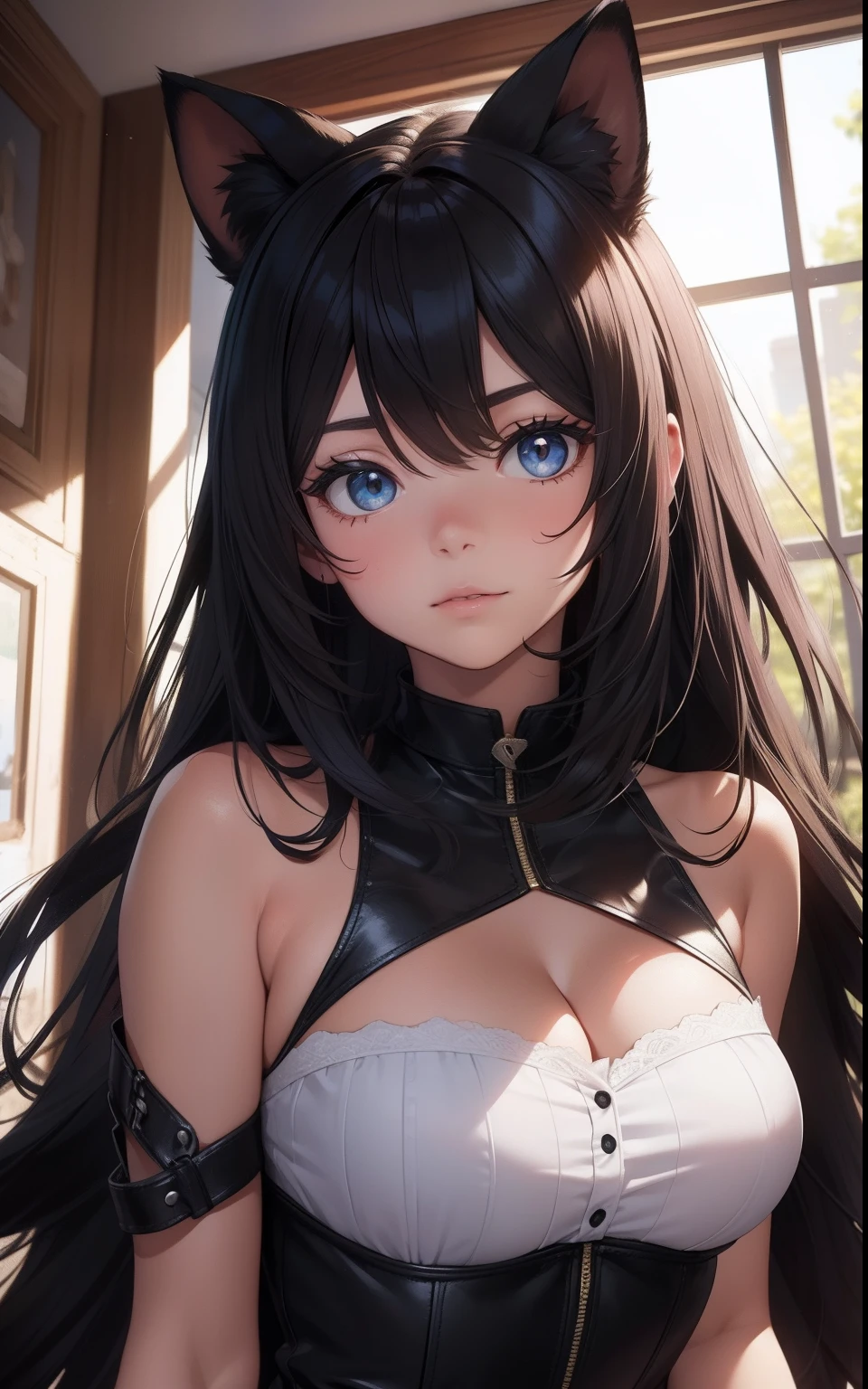 obra maestra, mejor calidad, ultra detallado, illustration, (1girl), hermosos ojos detallados, mirando al espectador, de cerca, pechos grandes, pelaje negro, bashful, orejas de gato, peludo, yiff, anthropomorphic animal, cola negra, mostrando, enfocando)