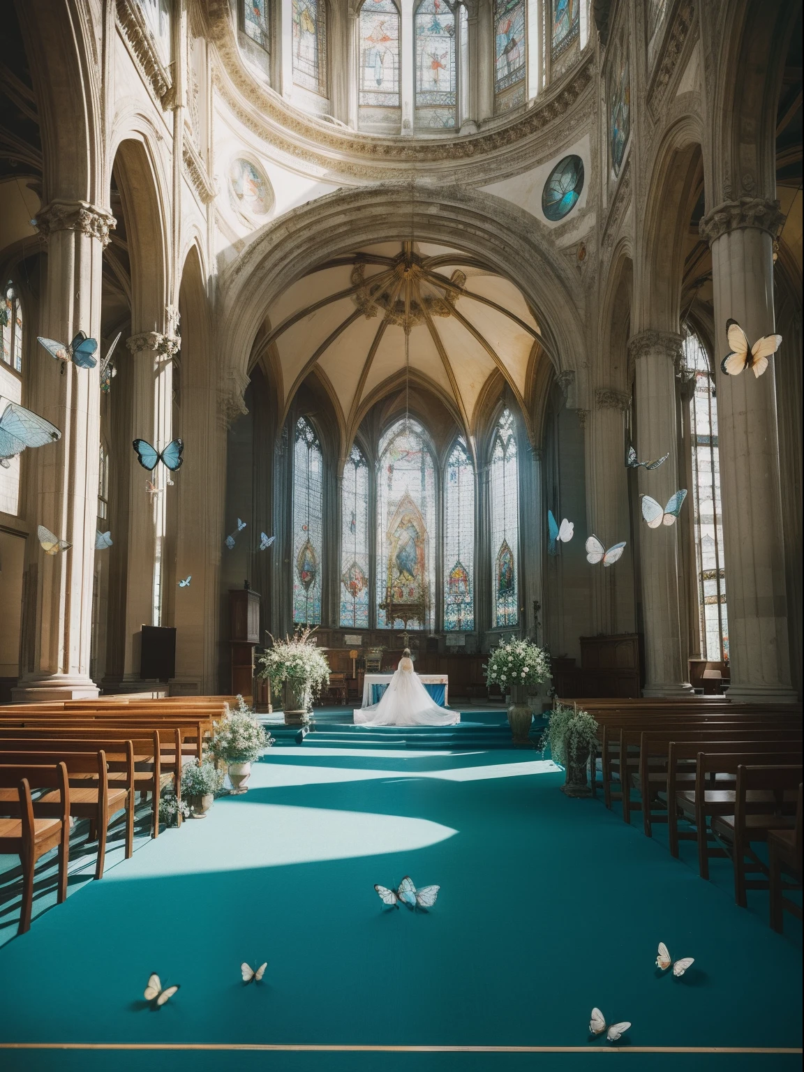 Alone in the church,Stand in a flock of butterflies,symetrical composition,Huge floor-to-ceiling windows,brightly,Many blue butterflies,Many small butterflies,Flocks of butterflies fly,Photographic works,orthofacial,