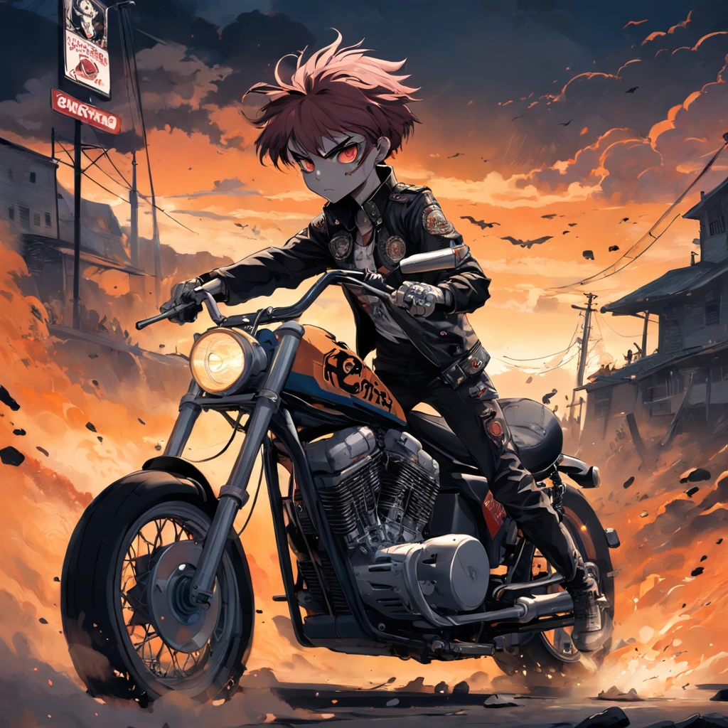 motociclista andando de motocicleta com seu logotipos neles, Arte Oficial, skulls, Punk Diesel, Album art, motociclista, Motocicletas, skull design for a rock band, Detalhes completos, Vinheta pesada!, inverter, Directed by: Kuno Veeber, Dieselpunk Grimcore Machine Black, skulls, design de patch de ombro, Arte do local, skulls around, post apocalyptic scene, destruction, bando de motoqueiros malvado, desenho, Arte Digital, 插圖, obra prima, por do sol, estrada nas montanhas, obra-prima, melhor qualidade, Cloud floating in the sky, close-up, brilhante, feliz, Soft lighting and Warm, sun sunset, (Sparks: 0,7)