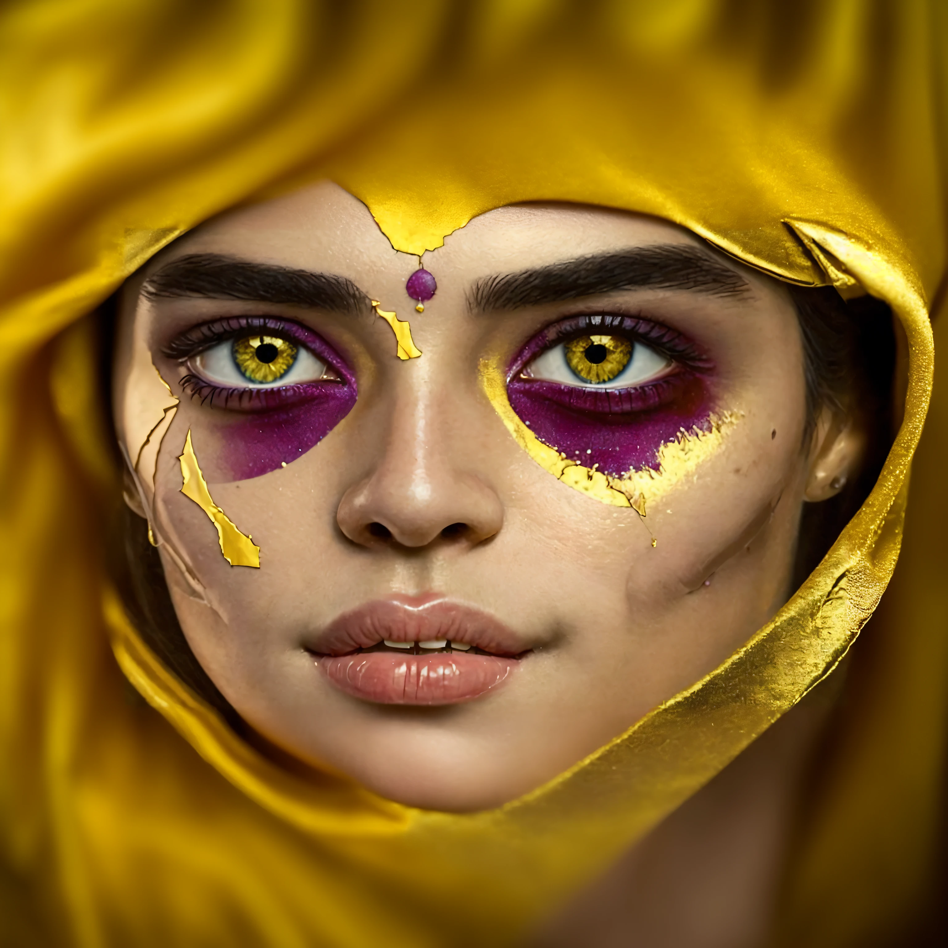 ((full body shot)), (((Hot sexy woman))),(((( full body shot)))). . Gold often carries spiritual and religious symbolism, It is used in religious artifacts, architecture, and regalia to represent divinity, enlightenment, and the eternal, In many cultures, gold is considered a sacred color, ((((Kintsugi, Kintsugi art)))), Japanese style, Modern aesthetic, Editorial, Elegant, Sleek, Realistic, highly detailed, Vibrant,detailed_eye, face, detailed eyes, the close up of a woman wearing makeup and purple headdress while dressed in yellow robes and a veil, solo, yellow eyes, makeup,detailed_eye, face, detailed eyes