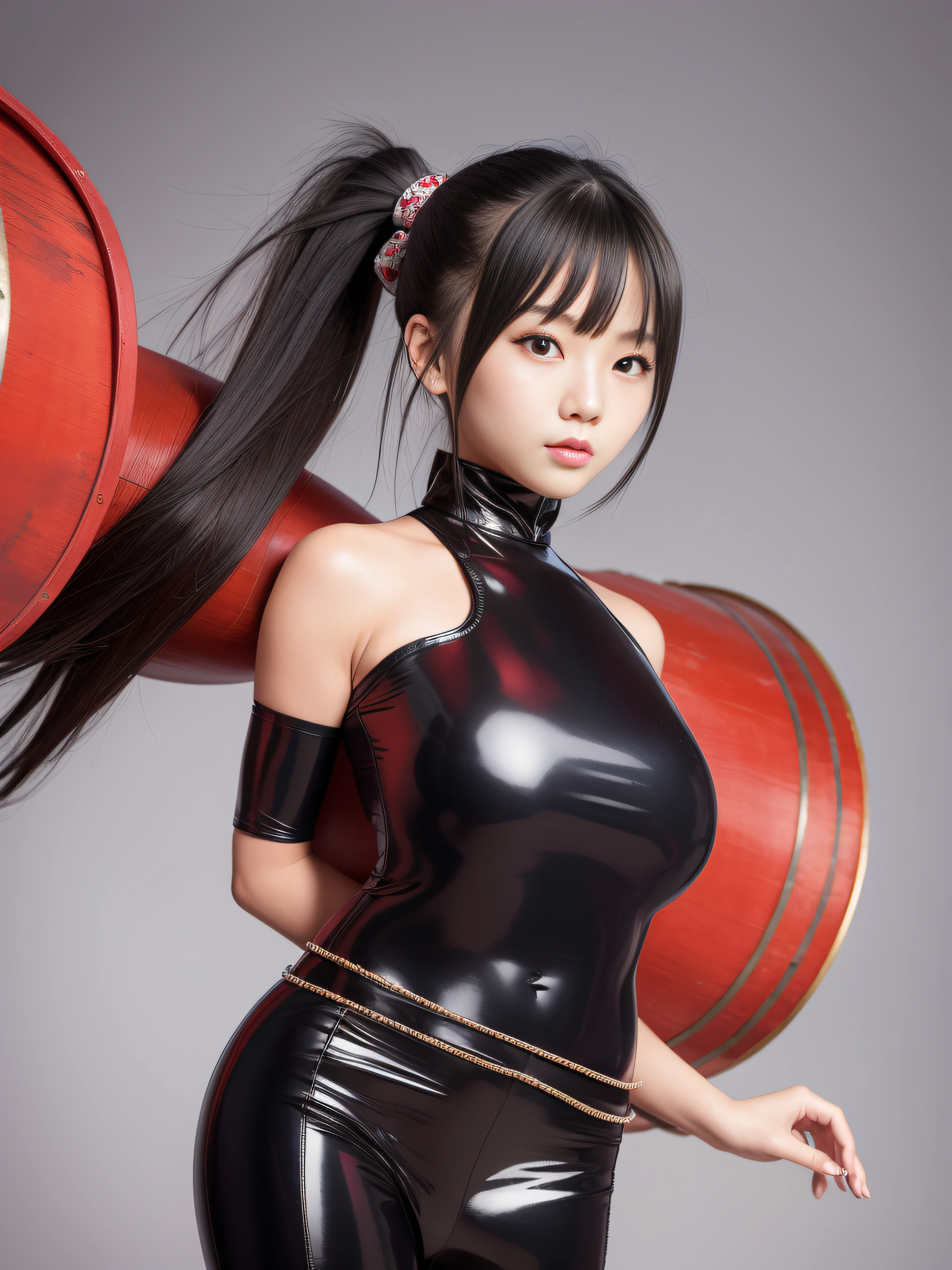 The beautiful Chinese girl was wrapped in the barrel of the circus's huge cannon, with only her head exposed,Peerless beauty,Shiny rubber pants,Single ponytail hairstyle,Black hair,ssmile