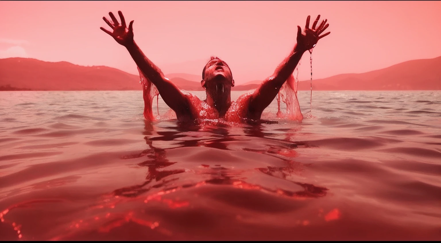 Arafed man in the water with his arms in the air, red water, Standing in a pool of blood, Directed by: Mike Winkelmann, Lago Vermelho, some red water, cinematic red lighting, inspirado em Mike Winkelmann, sangue no mar., cinematic still, olhando para um oceano vermelho, Blood in the water, submerso em cranberries