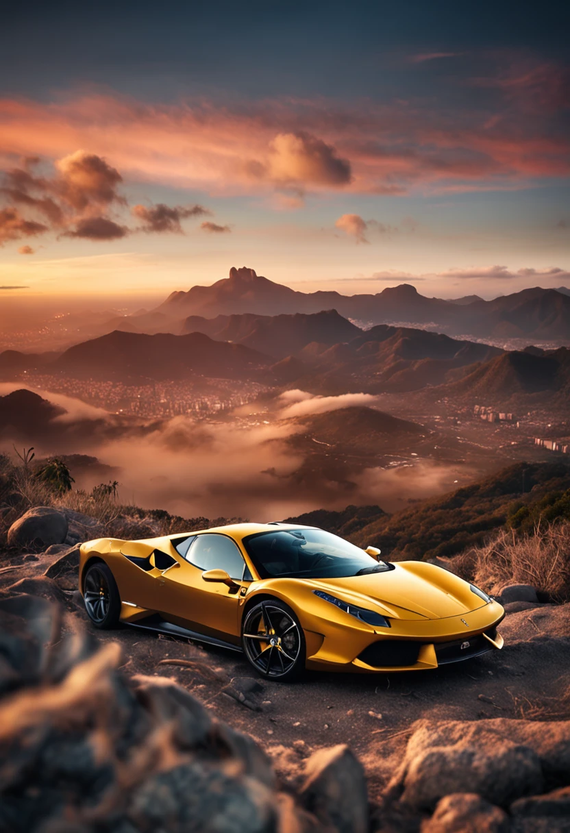 ferrari preta no deserto com uma montanha de fundo, no fundo da imagem o cristo redentor do rio de janeiro. dia chuvoso, nuvens, raios.