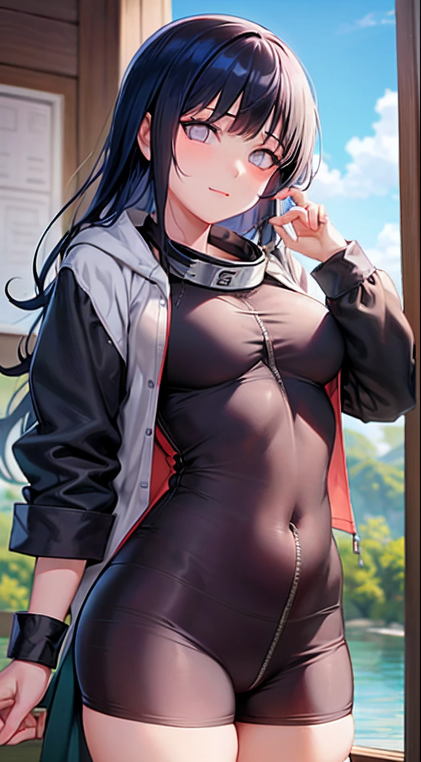 master part, High definition, alta qualidade, Rosto detalhado, Detailed body rendering, 1girl, sozinho, Hinata roupas sem mangas,quarto,, camisa sem mangas,( clothing with fishing net), jaqueta descompactadora, Standing, corar, (no quarto)