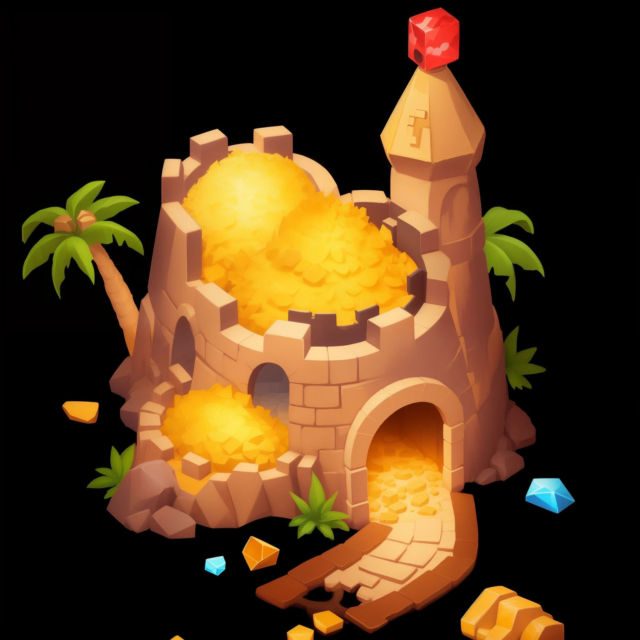 Um castelo dos desenhos animados com um monte de moedas de ouro e palmeiras, fundo do tesouro, mobile game asset, isometric 2 d game art, isometric game asset, game icon asset, ouro e tesouro, isometric game art, mobile game art, Ativo do jogo, 3D Icon for mobile game, game icon stylized, detailed game art illustration, arte estilizada do jogo