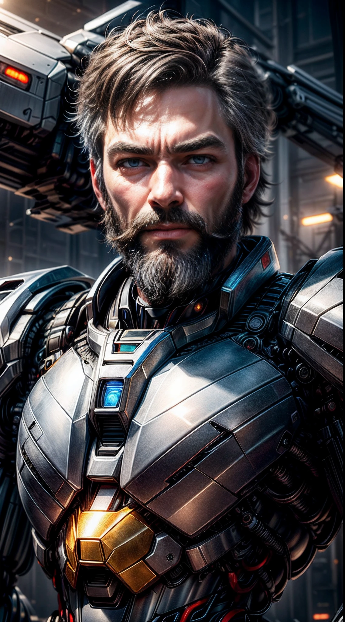 ((master-piece, Better quality)),illustration,8K Special Details,photorealistic portrait,crisp focus, high-detail, professional light, Colorful details, Rainbow destroyed the very long plans of the factory., Construction of large mechanical robots, microchip, computer, glossy, intricate detailed, Shitu-mecha, 1 man standing next to mecha, gundam, whiskers, beard., ultra detailed eyes, Gray Hair, beautidul eyes., shining eyes, Beautifully drawn eyes
