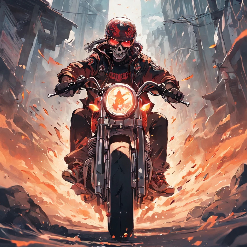 motociclista andando de motocicleta com seu logotipos neles, Arte Oficial, skulls, Punk Diesel, Album art, motociclista, Motocicletas, skull design for a rock band, Detalhes completos, Vinheta pesada!, inverter, Directed by: Kuno Veeber, Dieselpunk Grimcore Machine Preto, skulls, design de patch de ombro, Arte do local, skulls around, post apocalyptic scene, destruction, bando de motoqueiros malvado, desenho, Arte Digital, 插圖, obra prima, por do sol, estrada nas montanhas, obra-prima, melhor qualidade, Cloud floating in the sky, Close-up, brilhante, Feliz, Soft lighting and Warm, sun sunset, (Sparks: 0,7)
