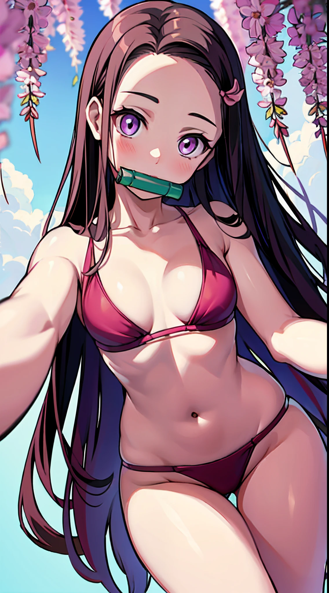 obra-prima, (quimono rosa), rosto sedutor, good ilumination, decote, detalhes finos, obra-prima, olhos brilhantes, 1girl, cabelo preto, bit gag, bambu, Nezuko Kamado, wisteria background, obra-prima, melhor qualidade, POV, corpo inteiro, quadris largos, sbikini, sexy, peito perfeito, bunda perfeita