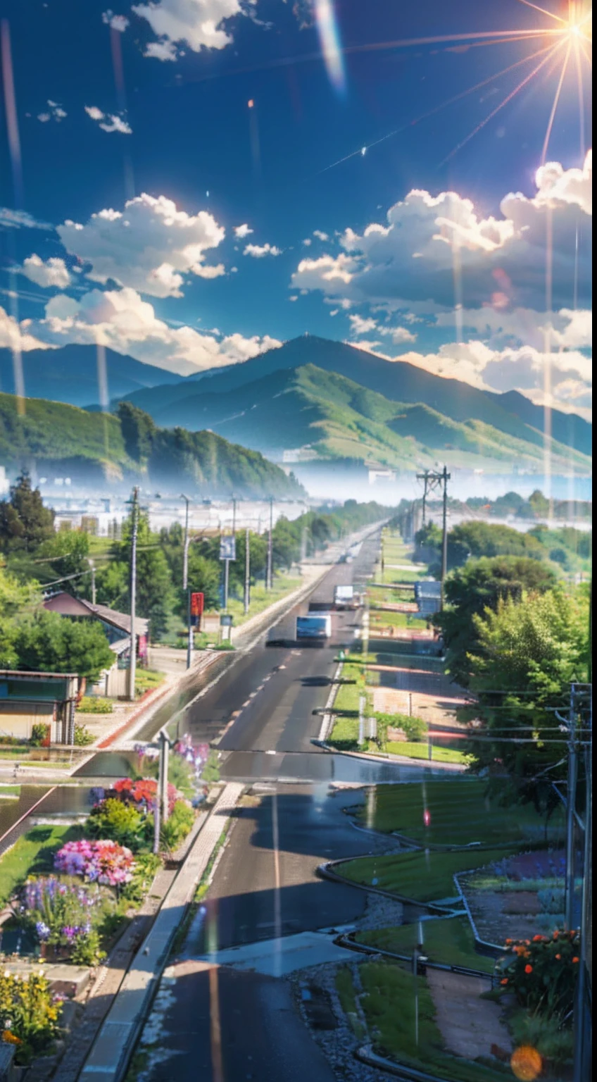 Plains, wide highways, flowers and trees in the middle and on both sides of the road, sunny and rainy, half rainy and half sunny, light shining through the clouds, raindrops in the air, mountains in the distance, vegetation on the mountains