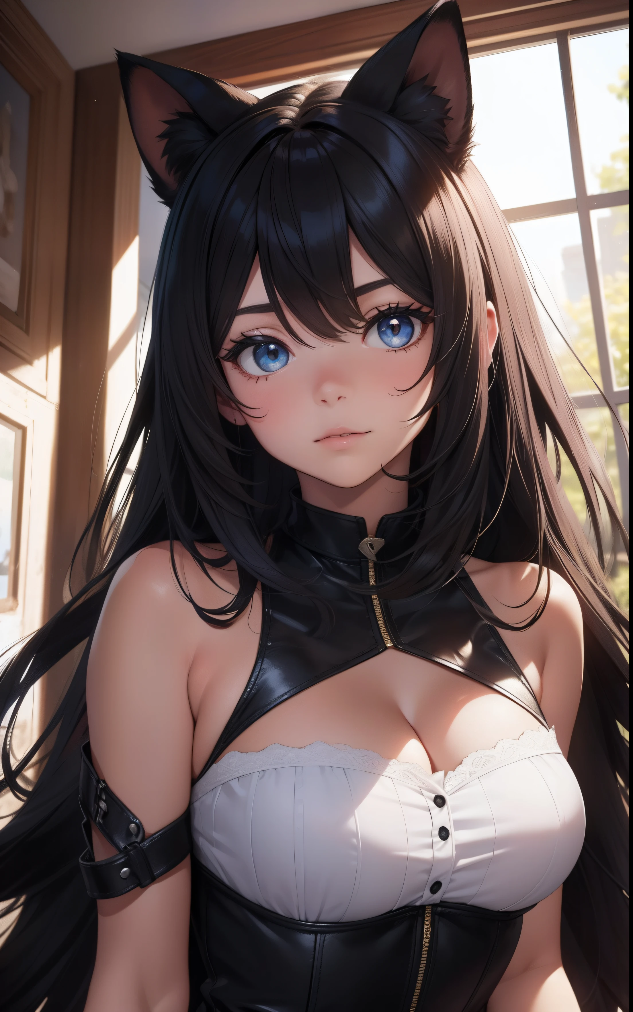 obra maestra, mejor calidad, ultra detallado, illustration, (1girl), hermosos ojos detallados, mirando al espectador, de cerca, pechos grandes, pelaje negro, bashful, orejas de gato, peludo, yiff, anthropomorphic animal, cola negra, mostrando, enfocando)