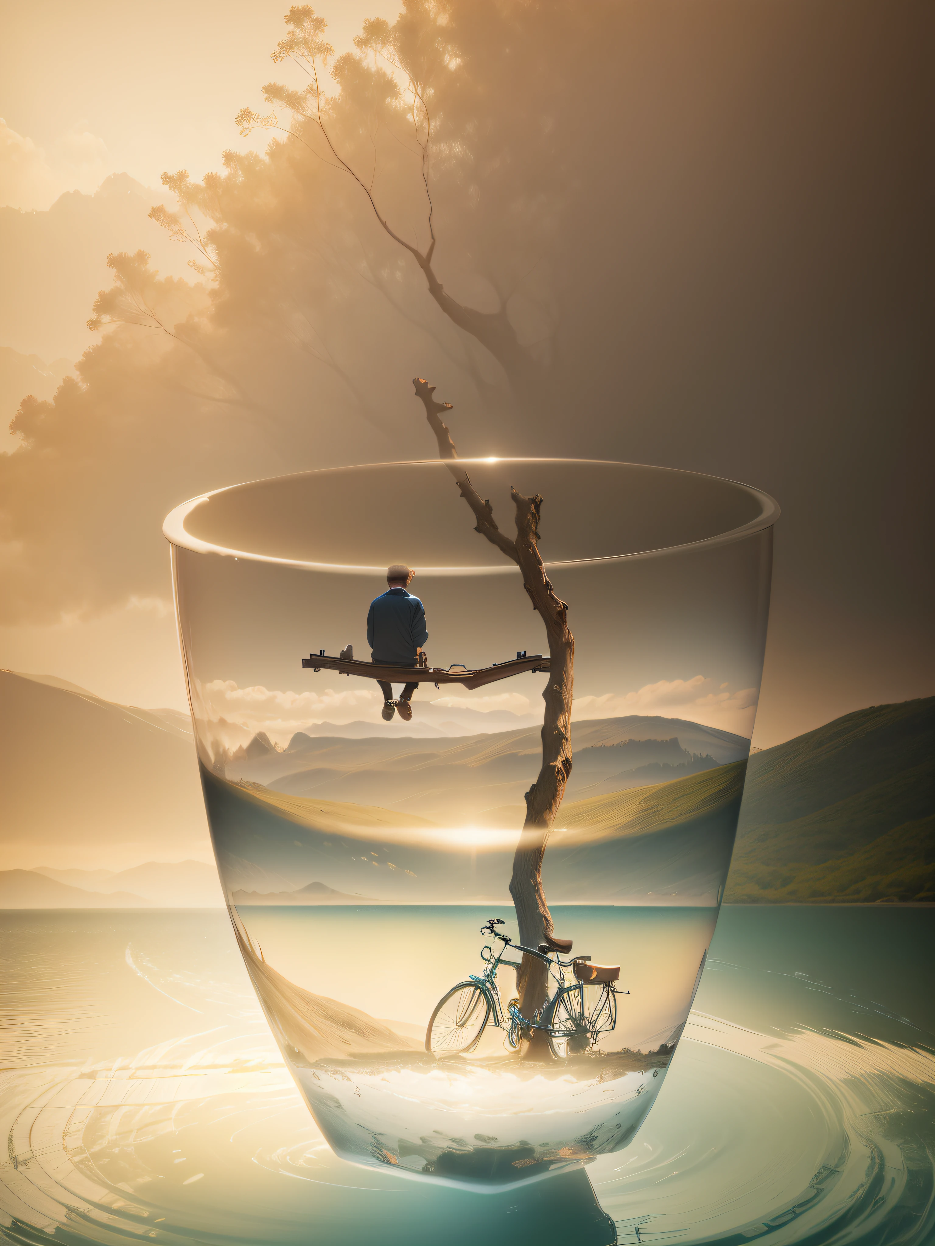 Put the tree in the middle of picture 2、a person、The bicycles are integrated into the cup body of picture 2,The position of the person is just on the water in picture 1。The original picture 1 should be clearly visible