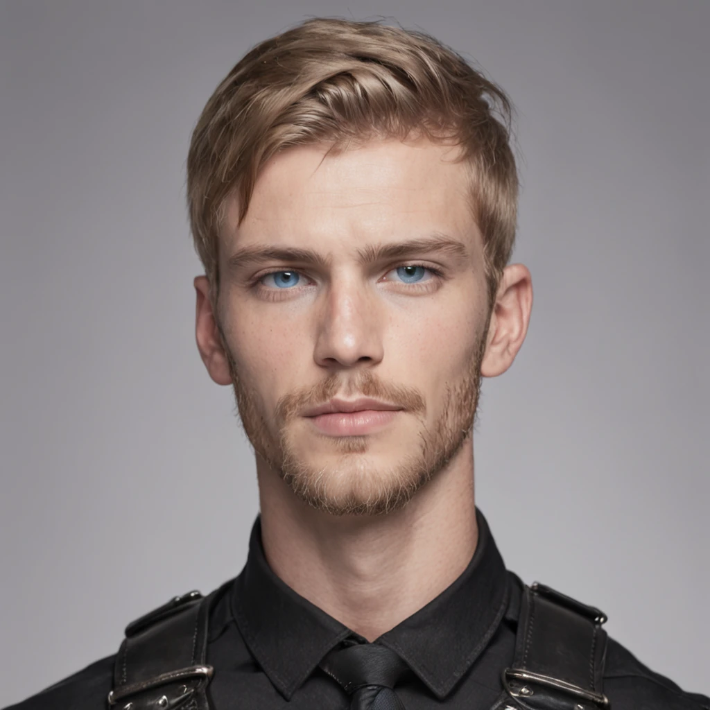 A man with a masculine face, piercing blue eyes, and a captivating gaze. He is shirtless, wearing a leather police harness, showcasing his athletic and sexy physique. His stylishly short, blonde hair and well-groomed, short beard add to his alluring appearance. With an angelic face, he is an irresistible sight to behold.