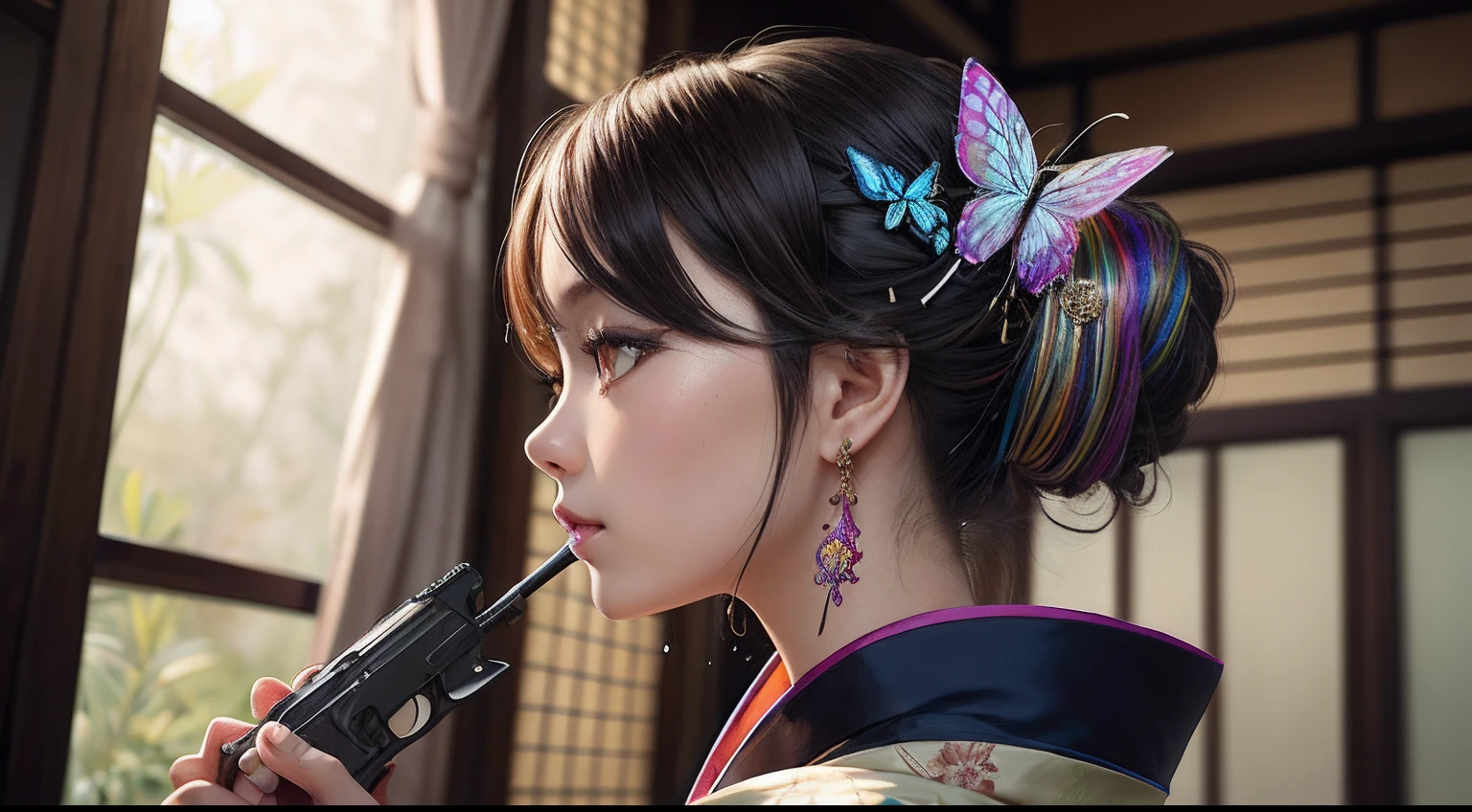 Octane Render、(Hyper-detailing: 1.15)、(Soft light、sharp: 1.2)、photoRealstic、s girl、Shooting practice、Fine Pattern Pistol、ultradetailed eyes、Rainbow painting drops、Full Paint、Splash、Long color hair、Paint Kimono、Super luxury kimono、Rainbow Paint Kimono、(hair adornments、耳Nipple Ring、Floral hair ornament、butterfly hair ornament)、gunfire
