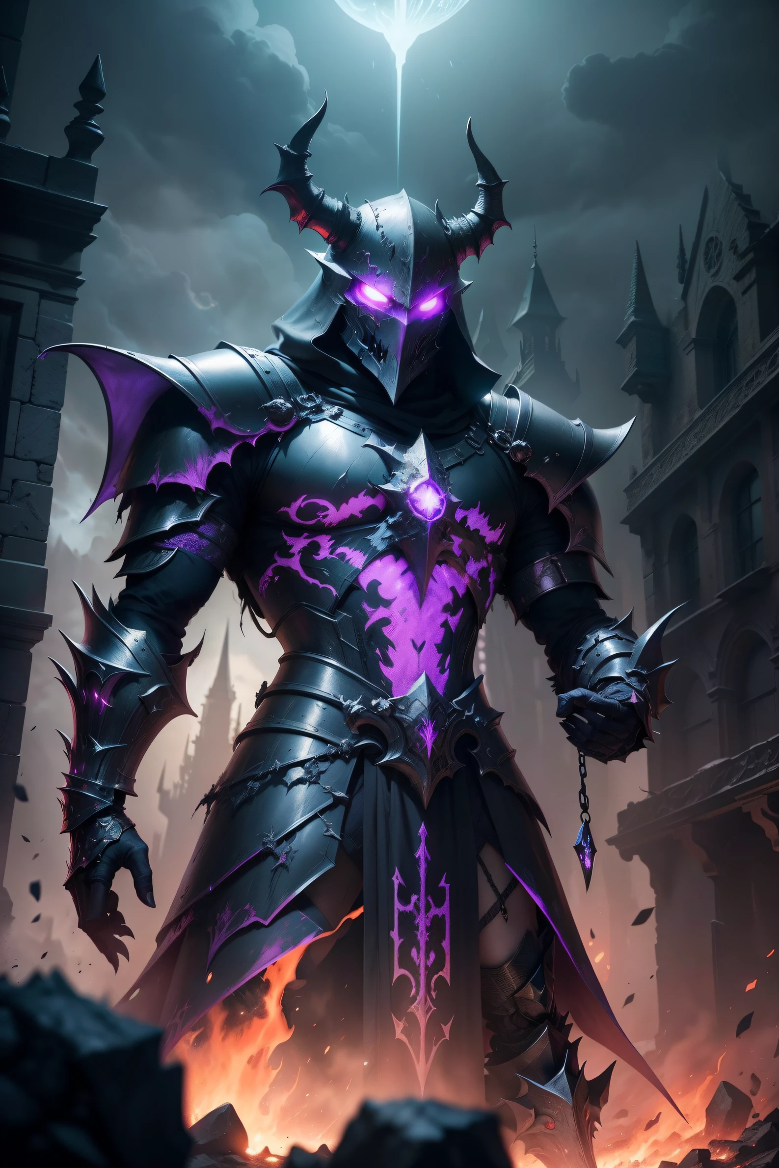 The artwork features a nightmarish dragon knight, a menacing force to be reckoned with. The knight's armor is a horrific spectacle, oozing with malevolent energy, gleaming ominously in neon orange and neon purple. These colors seem to pulse and flicker, casting eerie, shifting shadows that evoke an unsettling sense of dread.

The armor, etched with malevolent runes and dark symbols, bears the cursed letter "M" on the breastplate. It's as though the knight is marked by some ancient, eldritch power, and its very presence is a harbinger of doom. The reflections on the armor are jagged, distorted, and chaotic, like the restless spirits of the damned trapped within.

The knight's helmet is a nightmare incarnate, obscuring all but a pair of eyes. The left eye emits a sinister neon purple glow, as if it's the window to a void filled with unspeakable horrors. The right eye burns with a maleficent neon orange, a beacon of malice in the darkness, promising only suffering to those who cross the knight's path.

The dragon knight stands in a posture that exudes pure malevolence, a spectral guardian of the underworld. The background is a swirling abyss of inky blackness, with tendrils of neon pink creeping in from the edges, like the grasp of a malevolent force trying to claim the entire scene.

This art piece is a nightmare made manifest, a representation of unrelenting terror and the stuff of dark legends. It invokes a spine-chilling fear that lingers long after the viewer has turned away.