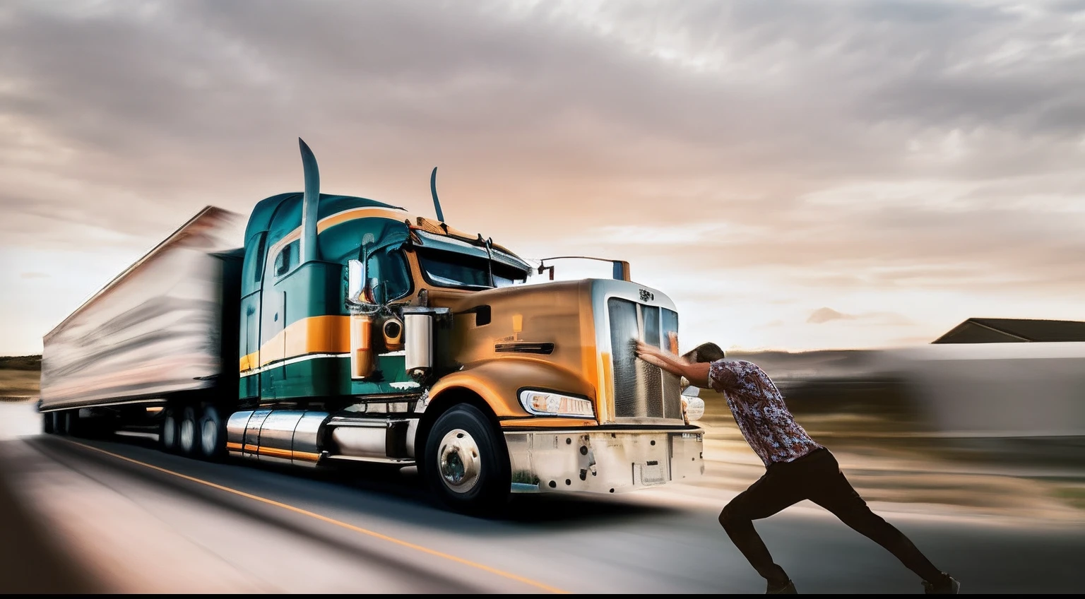 There's a man who's walking in a big truck, artist's interpretation, photo rendering, still photograph, cena poderosa, editado no photoshop, foto de retrato, foto aprimorada, Truck, Album art, feito com photoshop, foto tirada, editing, Truck running to the camera, foto - shot, America, very artistic pose, pintado digitalmente, imagem realista verdadeira, Man, por Wayne England