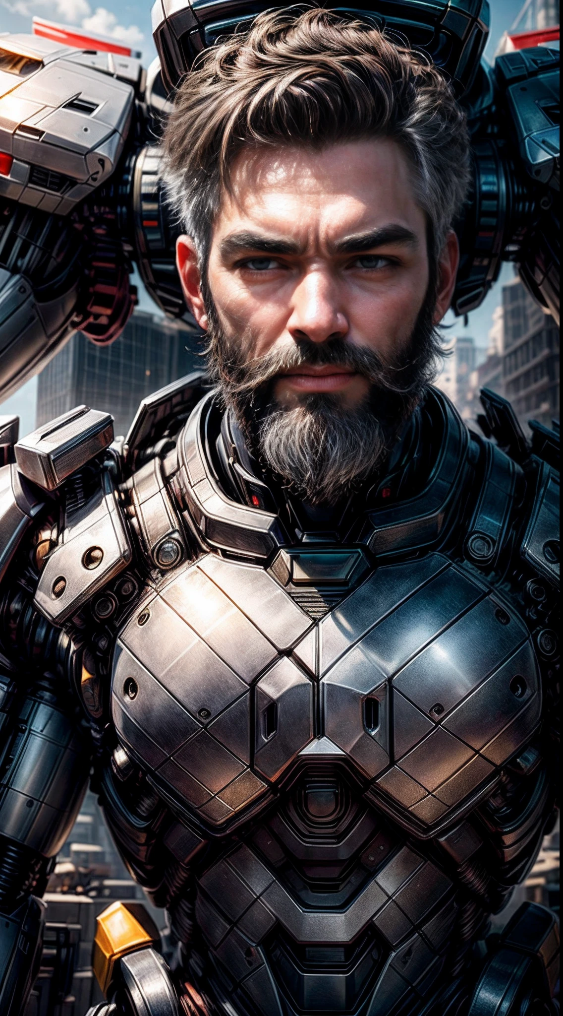 ((master-piece, Better quality)),illustration,8K Special Details,photorealistic portrait,crisp focus, high-detail, professional light, Colorful details, Rainbow destroyed the very long plans of the factory., Construction of large mechanical robots, microchip, computer, glossy, intricate detailed, Shitu-mecha, 1 man standing next to mecha, gundam, whiskers, beard., ultra detailed eyes, Gray Hair, beautidul eyes., shining eyes, Beautifully drawn eyes