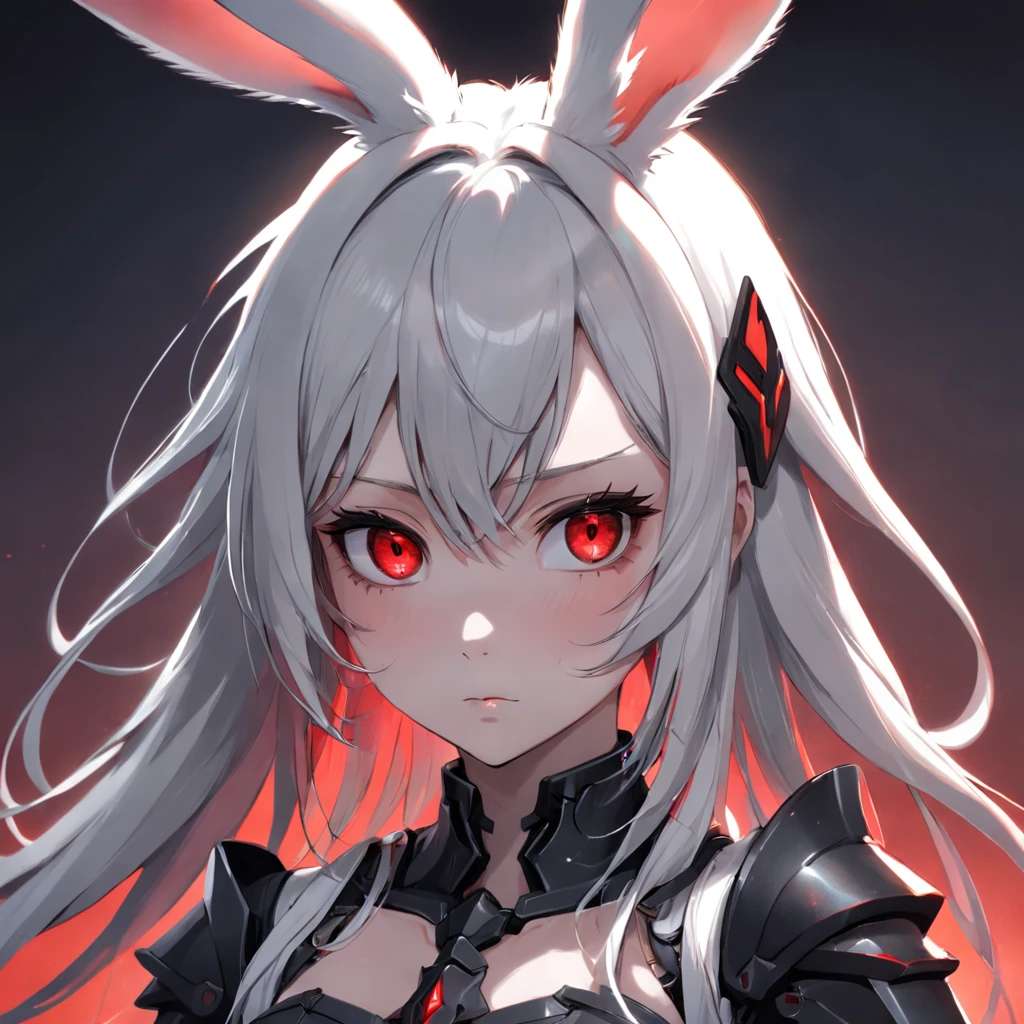 Bunny girl human hybrid, red eyes, white ears, portrait, fantasy concept, black armor, detailed,