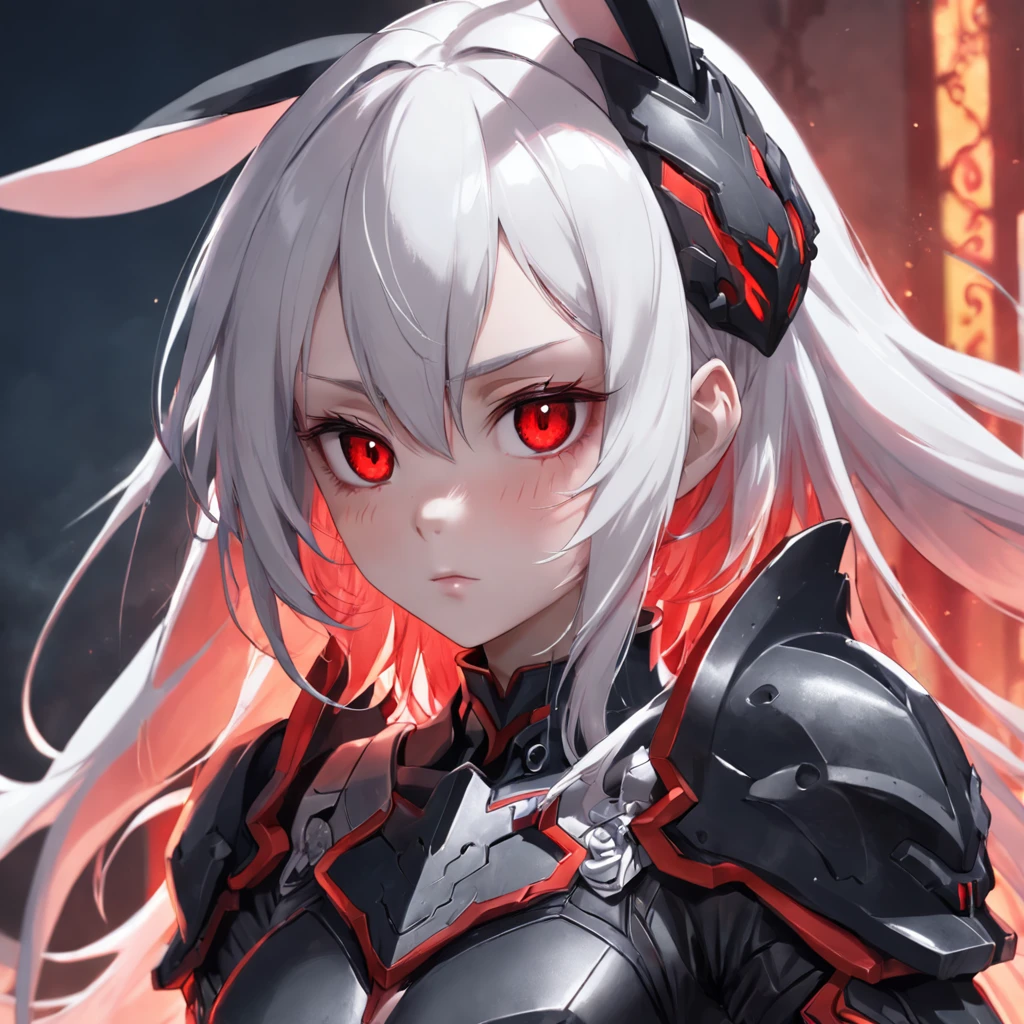 upper body, 1woman, White hair, Long Haired, Red eyes, (Futuristic suit armor), Black Long Cape, wallpaper, Chain background, light particles, (masterpiece), best quality, closed-mouth