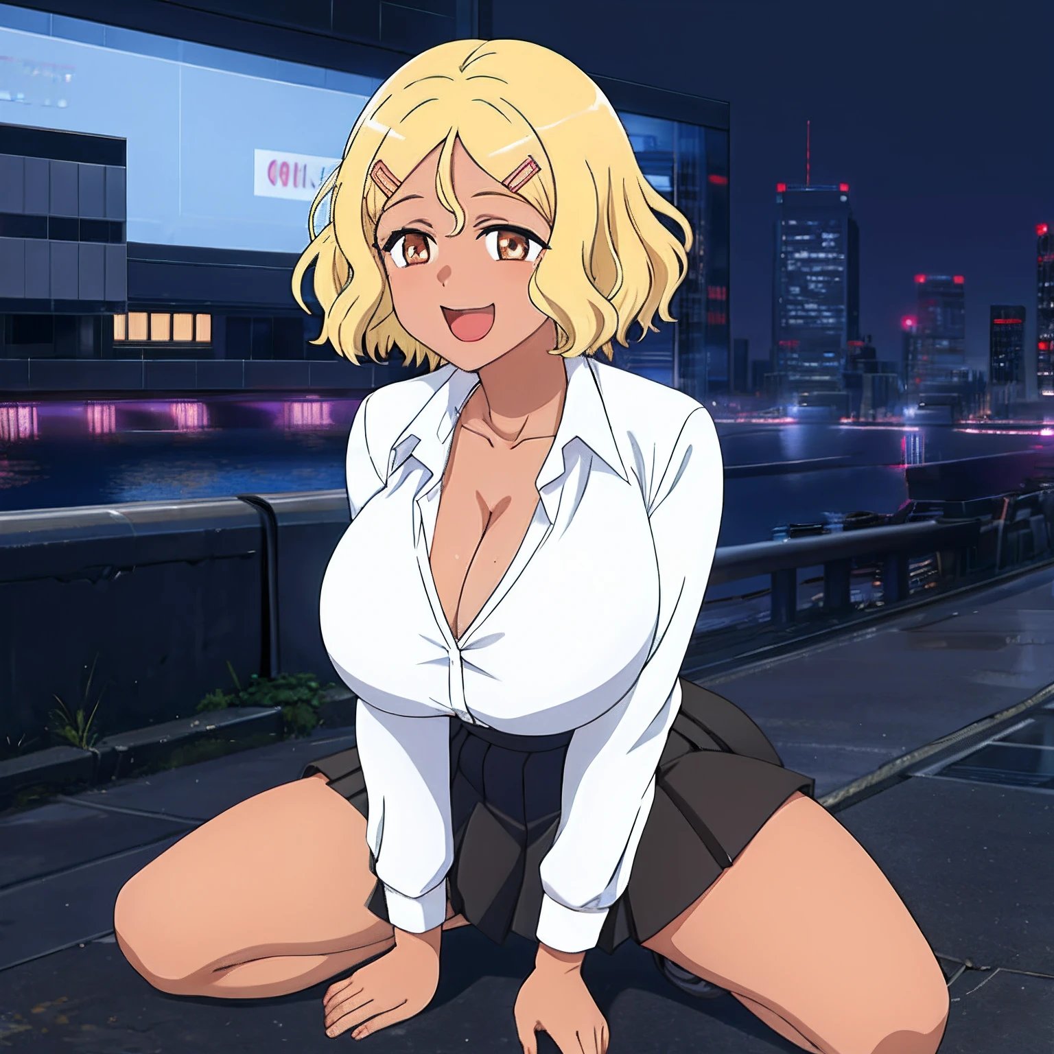 1girl, solo,sitting, cyberpunk cityscape,night city \(city\), stealth in the city, masterpiece, school girl, white shirt, black paleted skirt, professional artwork, famous artwork, perfect face,(glowing eyes:1), beautiful face, intense look,Sakura, blonde hair, hair ornament, hairclip, smile, open mouth, brown eyes,dark skin, glowing eyes, ((huge breasts)), show cleavage, open shirt, short hair, background city,looking away from viewer, on your knees with your legs open